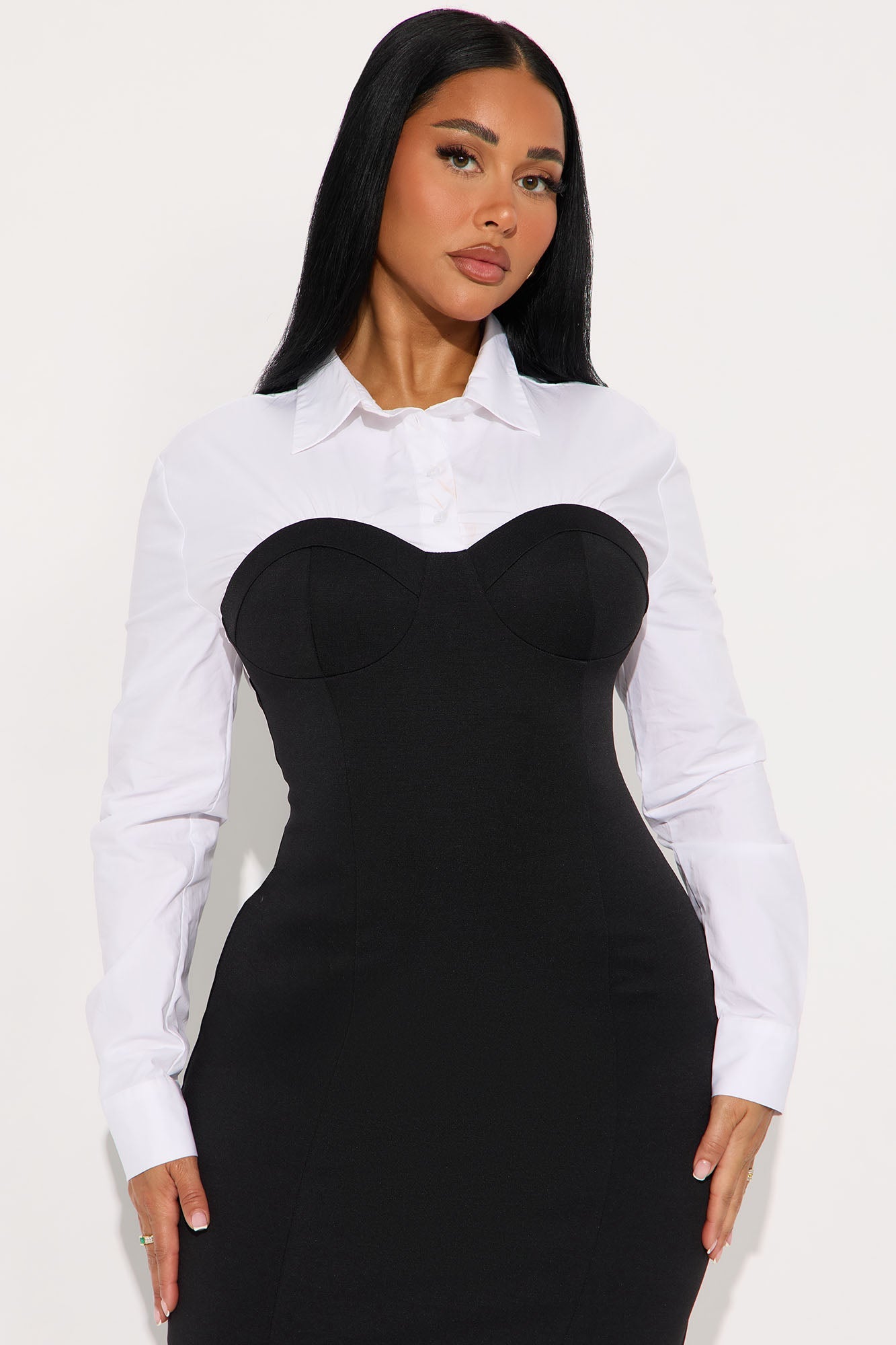 Julie Collar Long Sleeve Midi Dress - Black/White