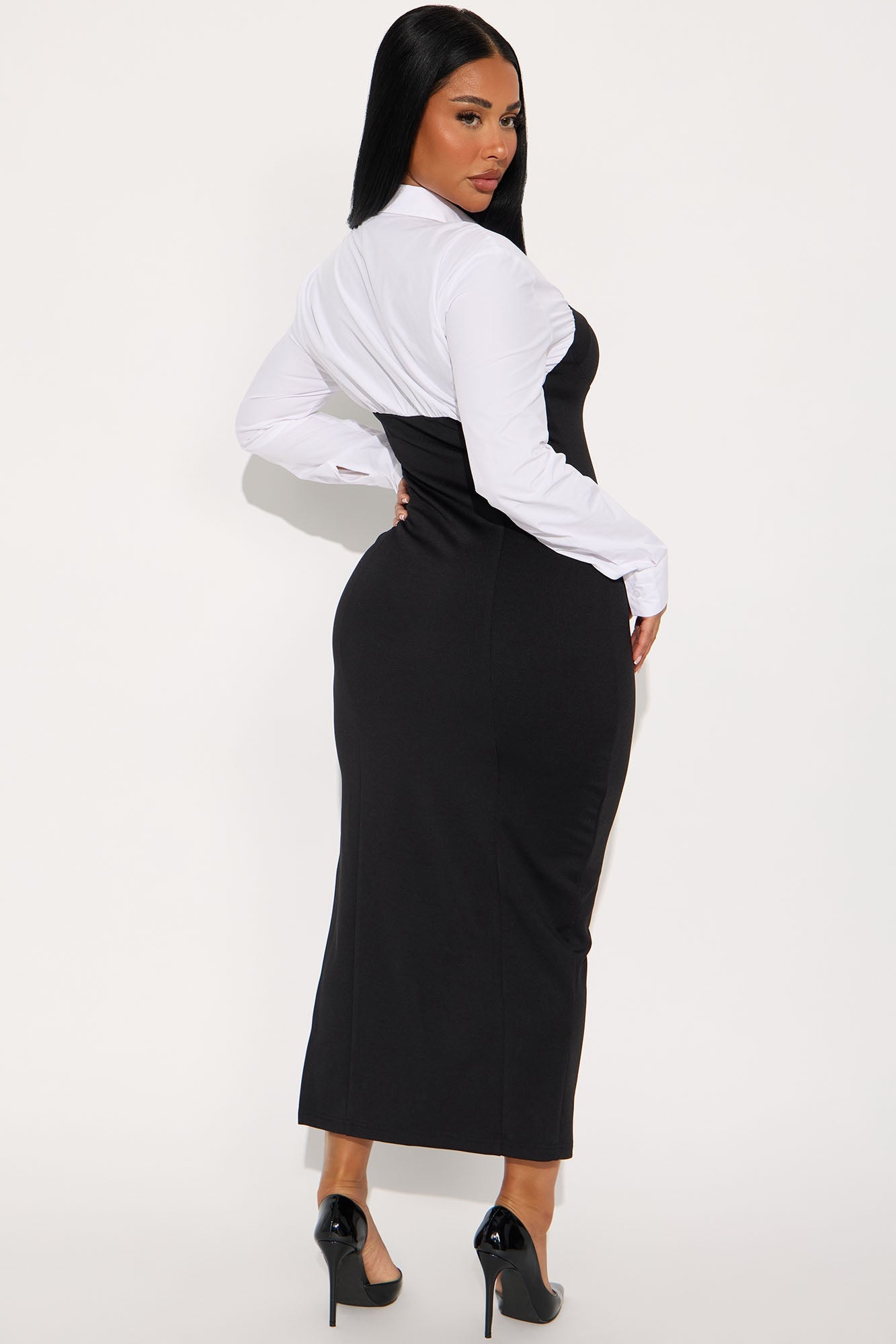 Julie Collar Long Sleeve Midi Dress - Black/White