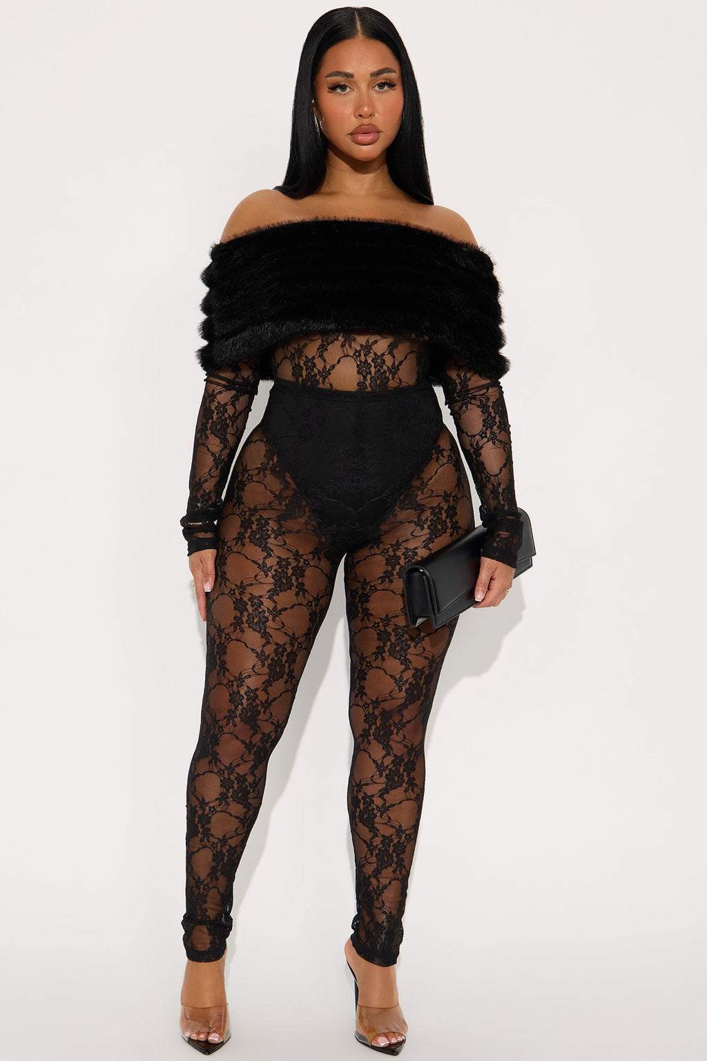 Alexa Lace Off Shoulder Faux Fur Jumpsuit - Black