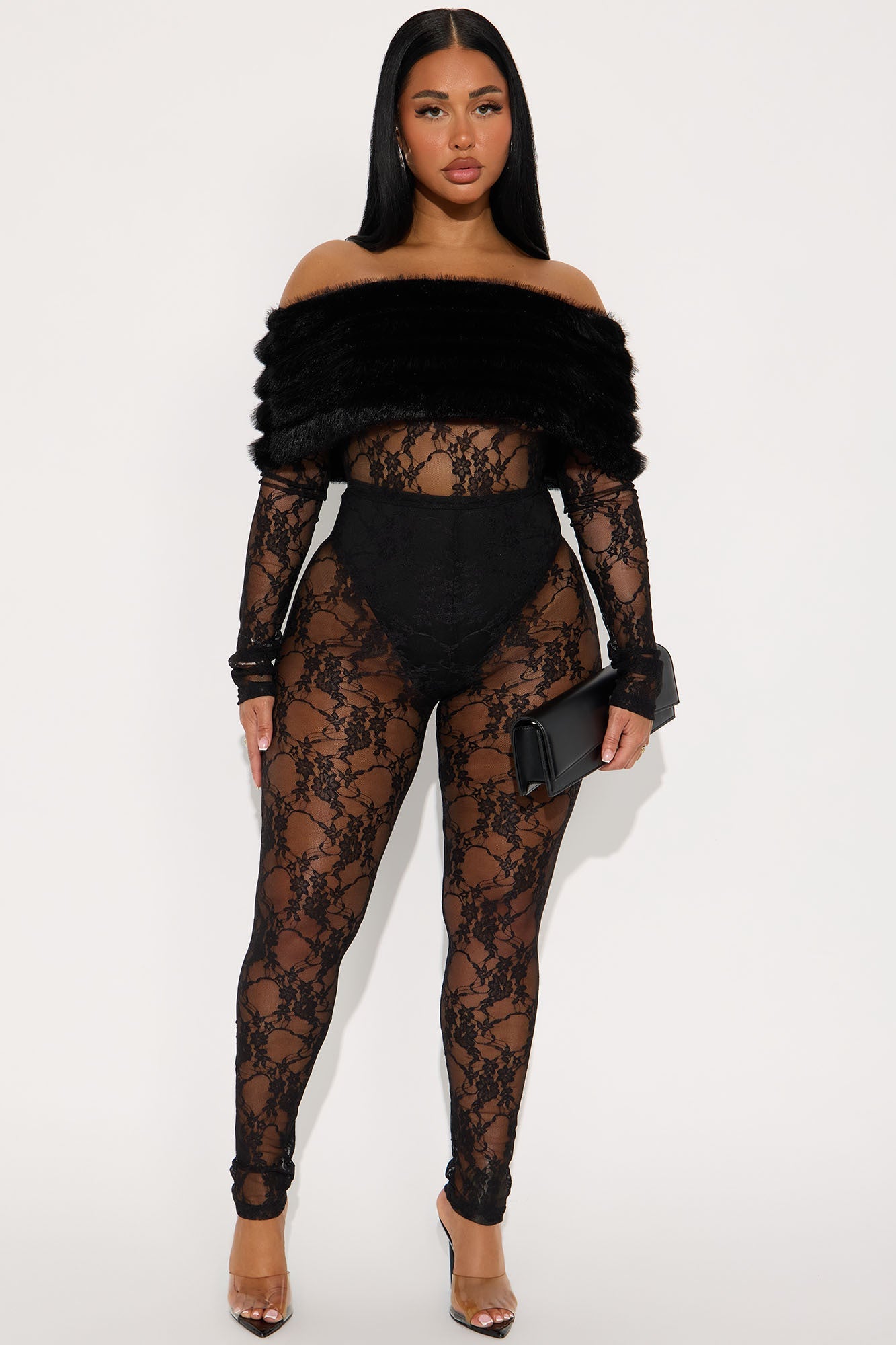 Alexa Lace Off Shoulder Faux Fur Jumpsuit - Black