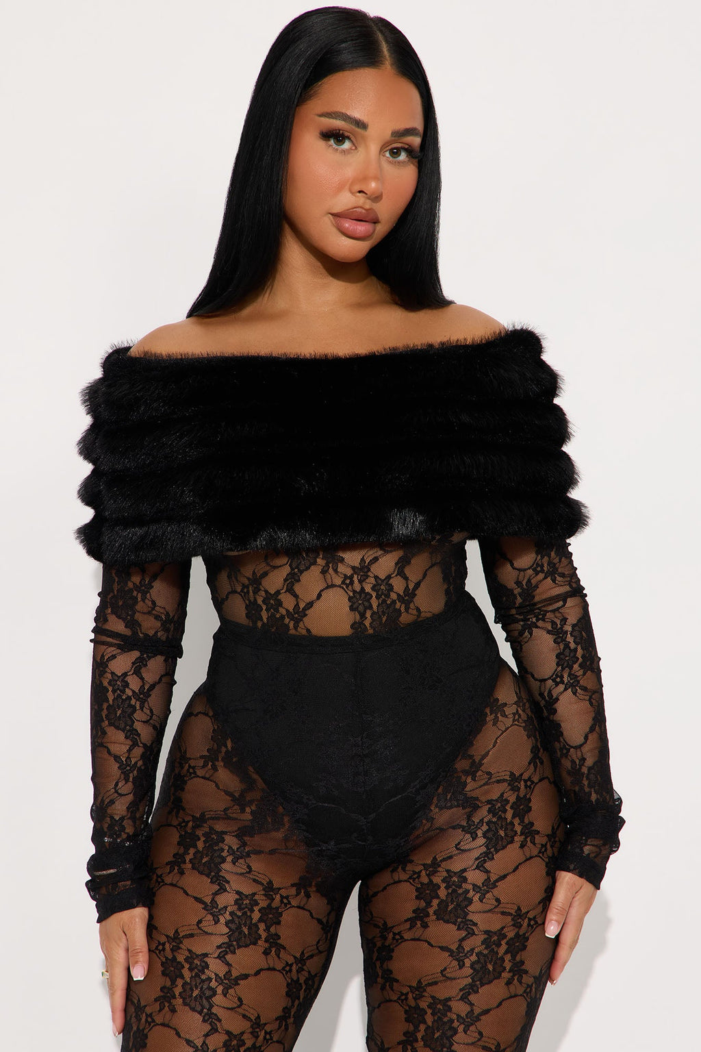 Alexa Lace Off Shoulder Faux Fur Jumpsuit - Black