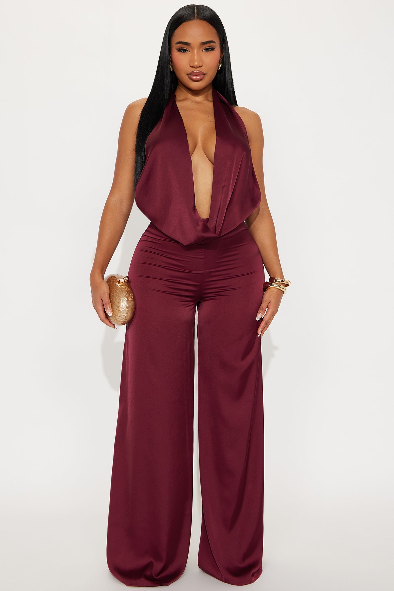 Sun and Sips Solid Satin Jumpsuit - Wine