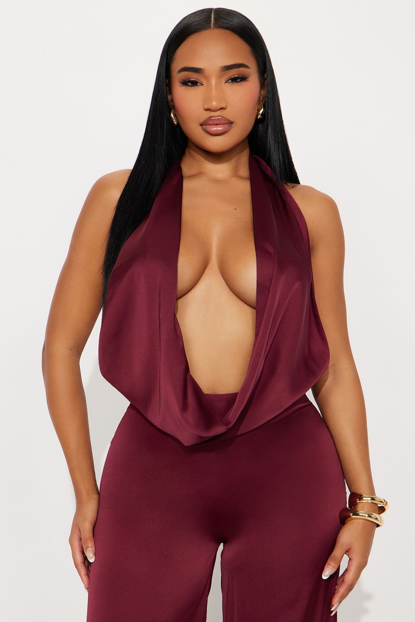 Sun and Sips Solid Satin Jumpsuit - Wine