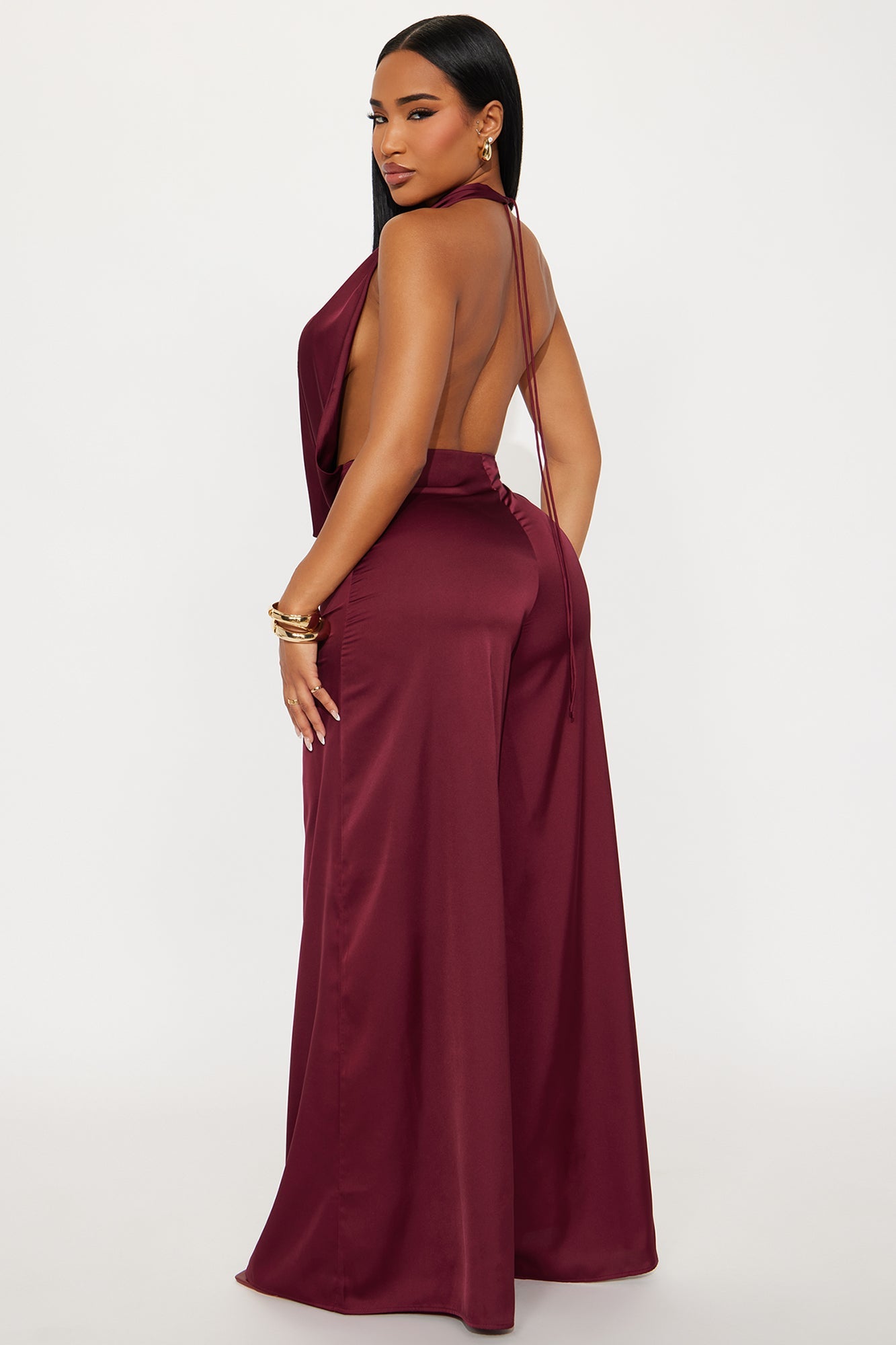Sun and Sips Solid Satin Jumpsuit - Wine