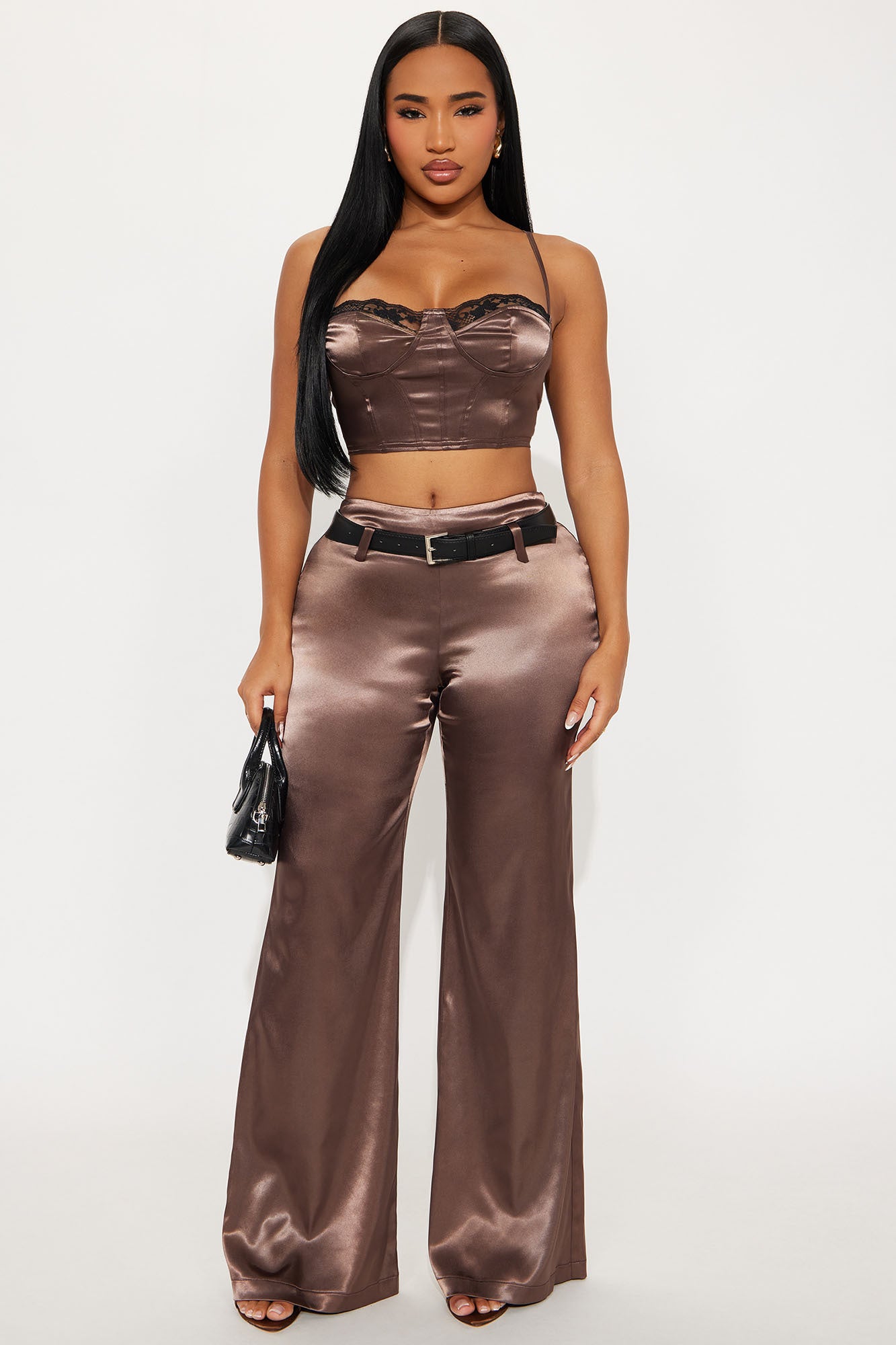 Savanah Satin Wide Leg Pant Set - Brown