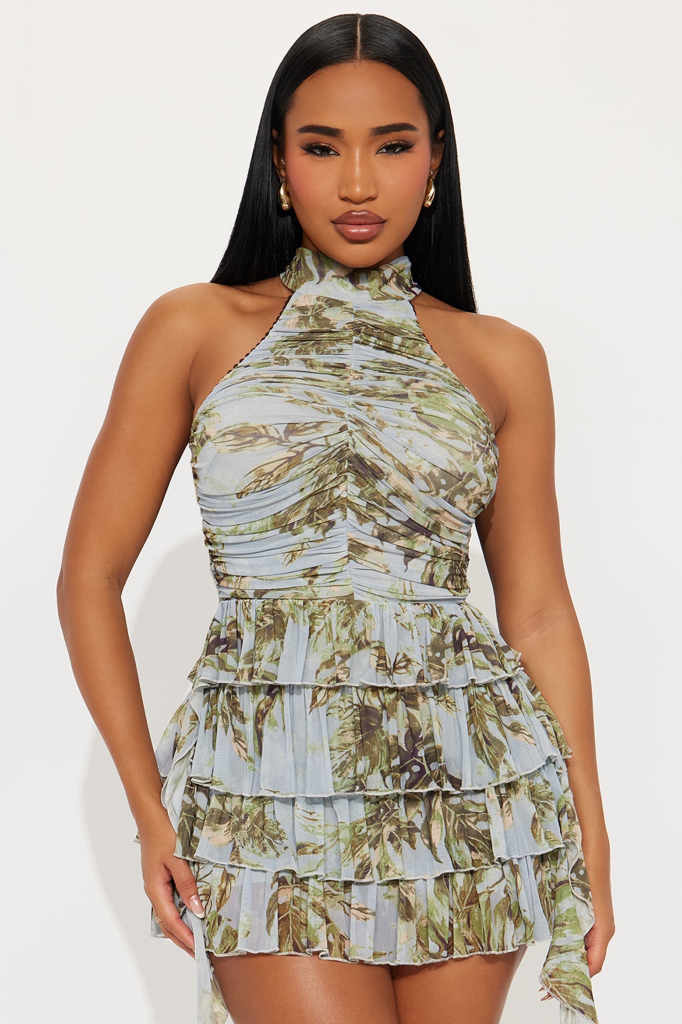 Catalina Ruffle Ruched Mesh Mini Dress - Blue/combo