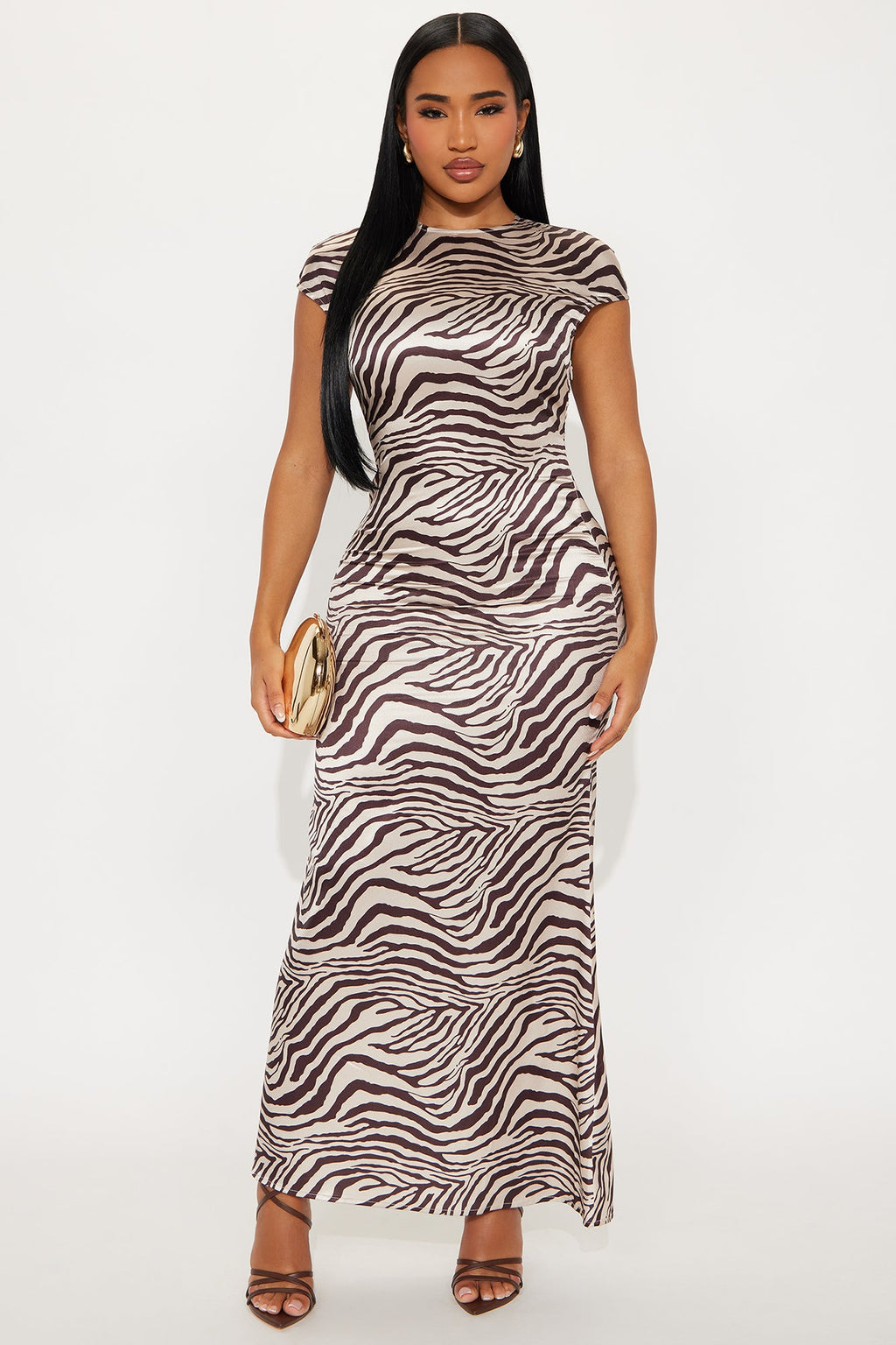 Masella Satin Printed Short Sleeve Maxi Dress - Brown/combo