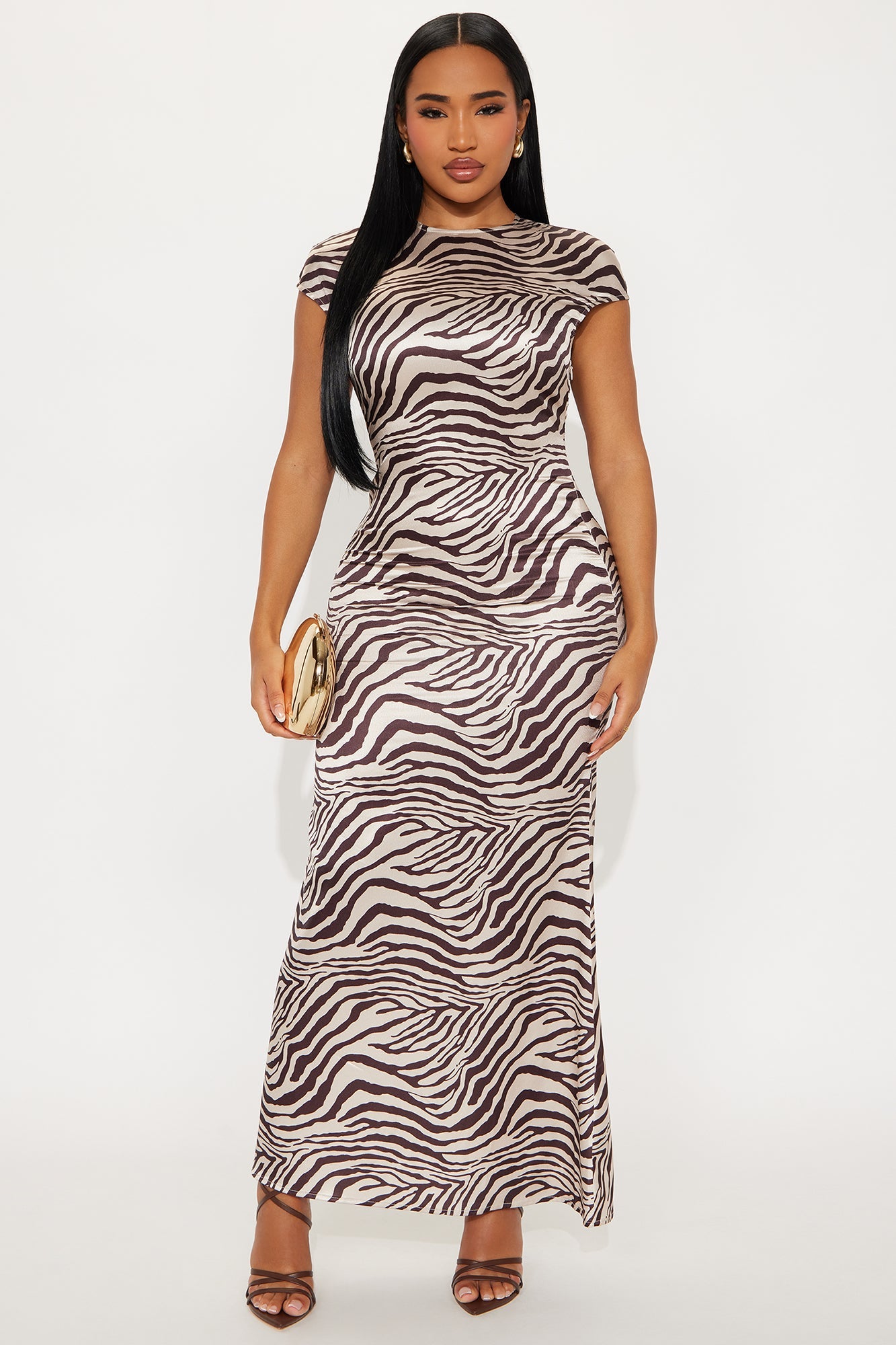 Masella Satin Printed Short Sleeve Maxi Dress - Brown/combo