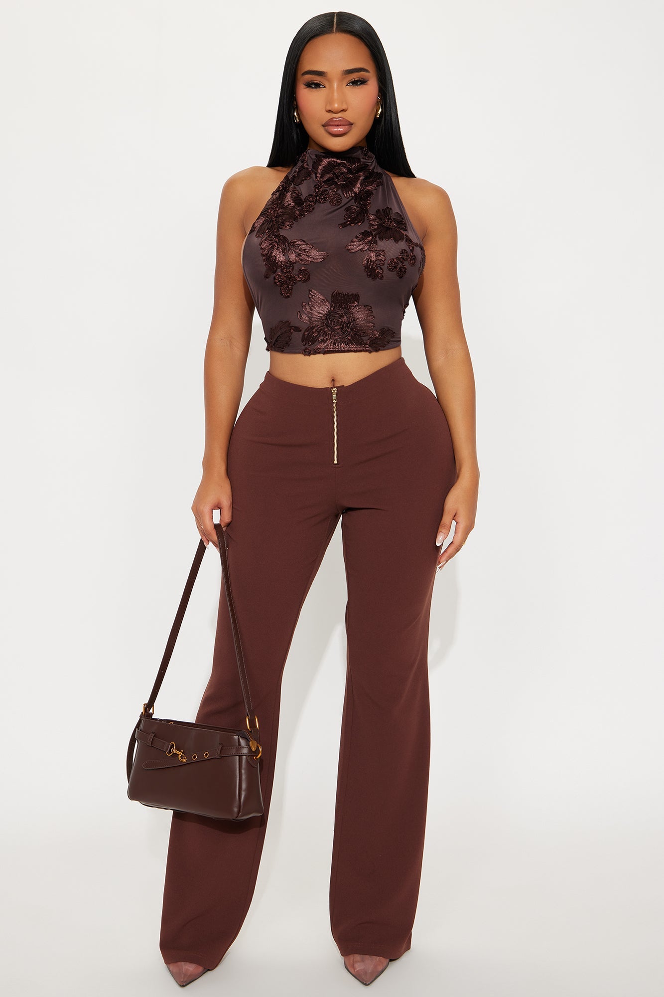 Serena Embroidered Mesh Halter Top - Brown