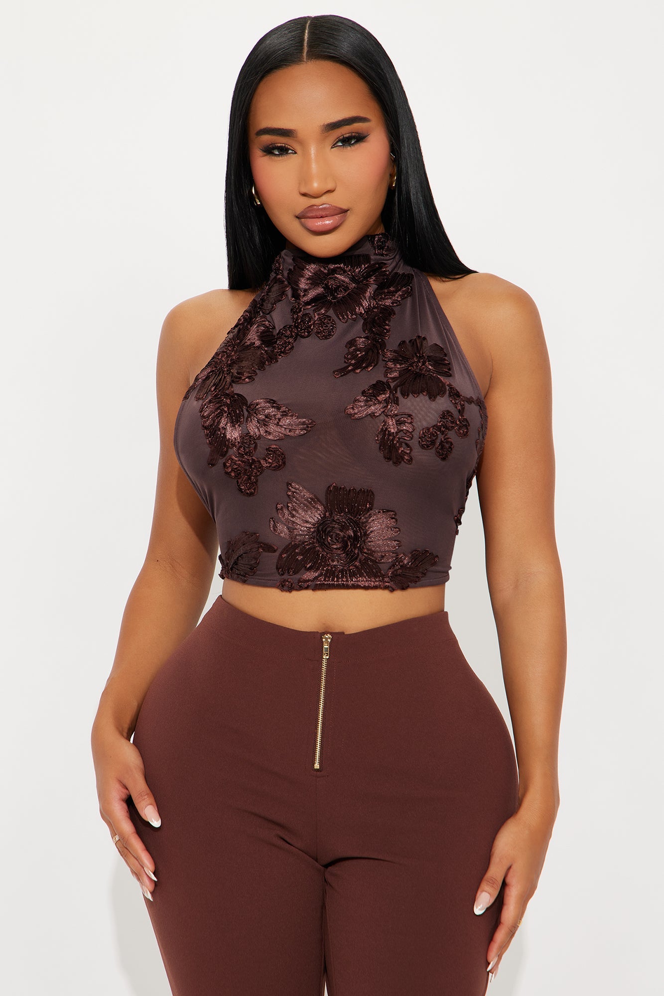 Serena Embroidered Mesh Halter Top - Brown