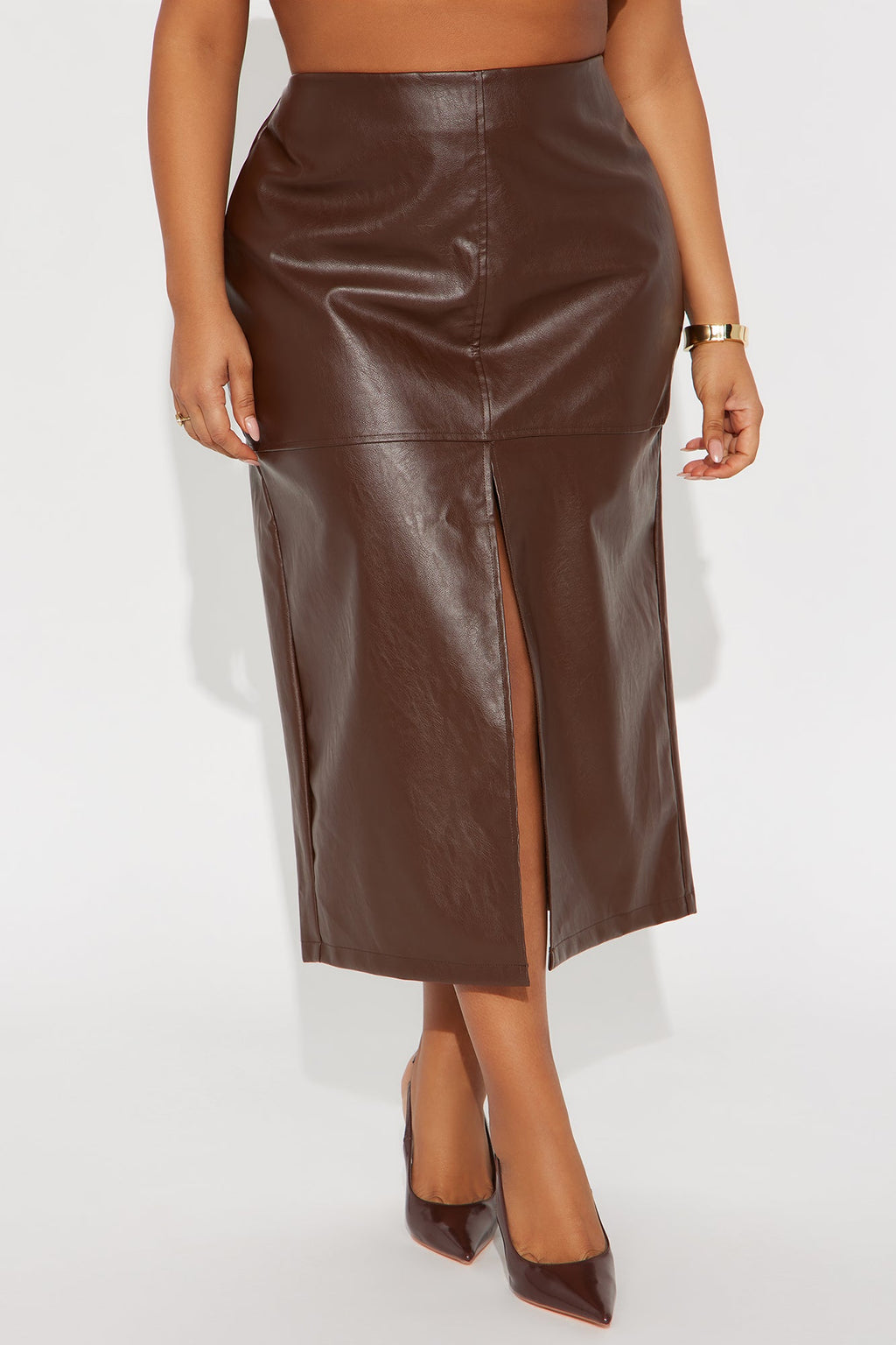 Set You Straight Faux Leather Midi Skirt - Dark Brown