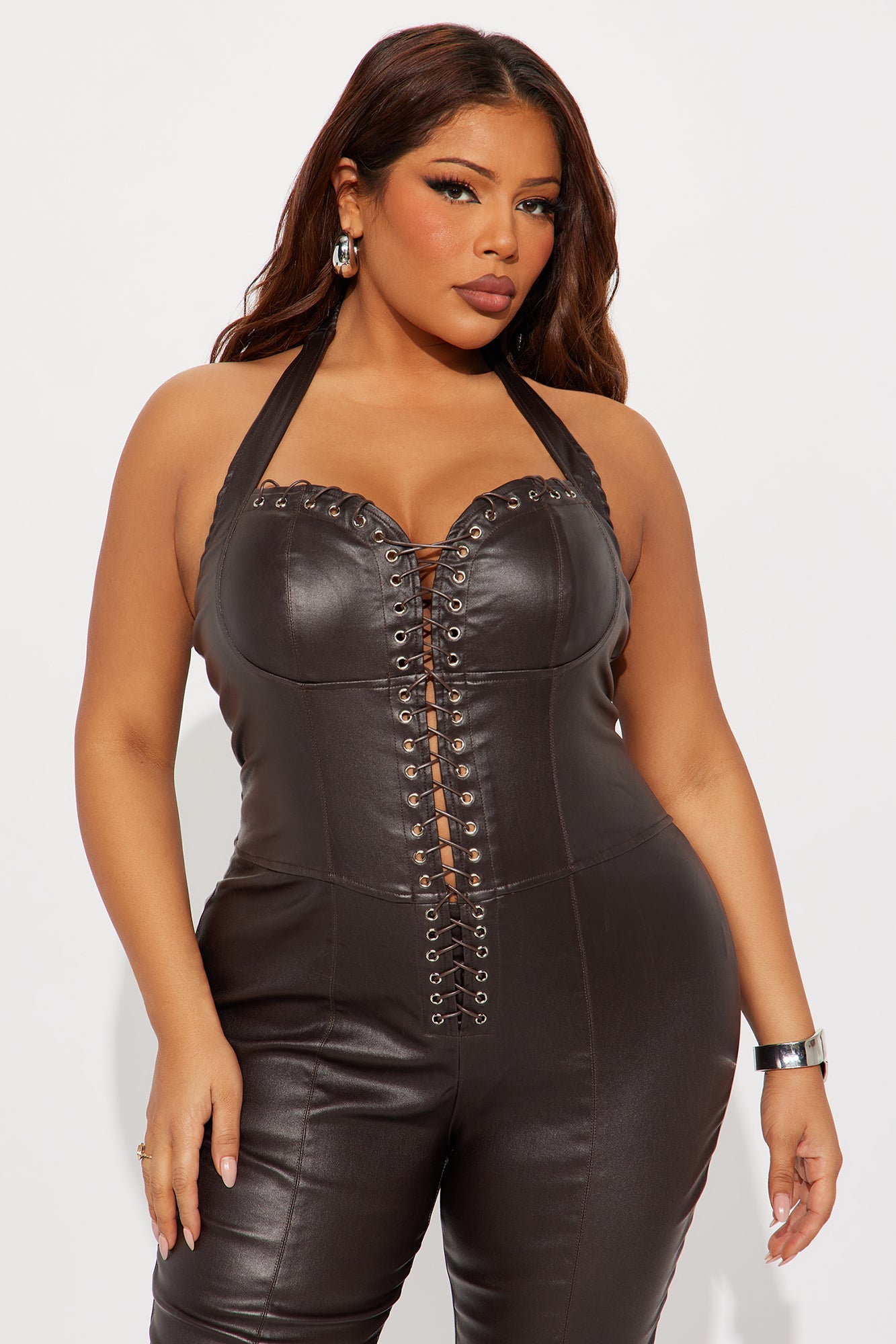 Bad Behavior Faux Leather Halter Jumpsuit - Chocolate