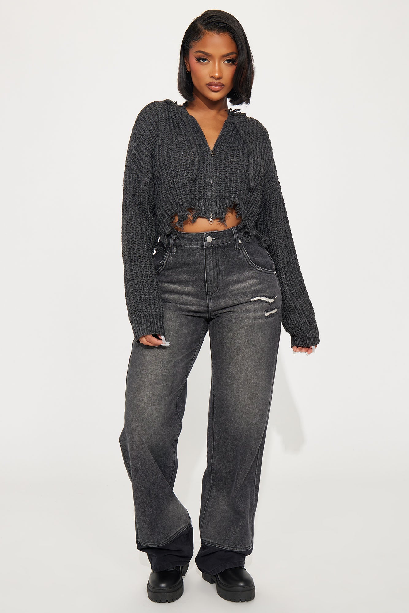 Emery Distressed Cropped Cardigan Sweater - Charcoal