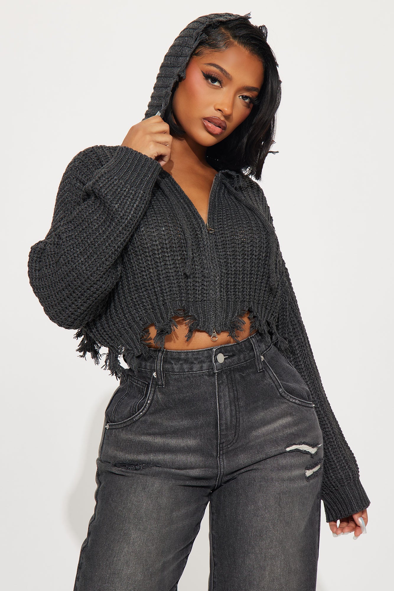 Emery Distressed Cropped Cardigan Sweater - Charcoal