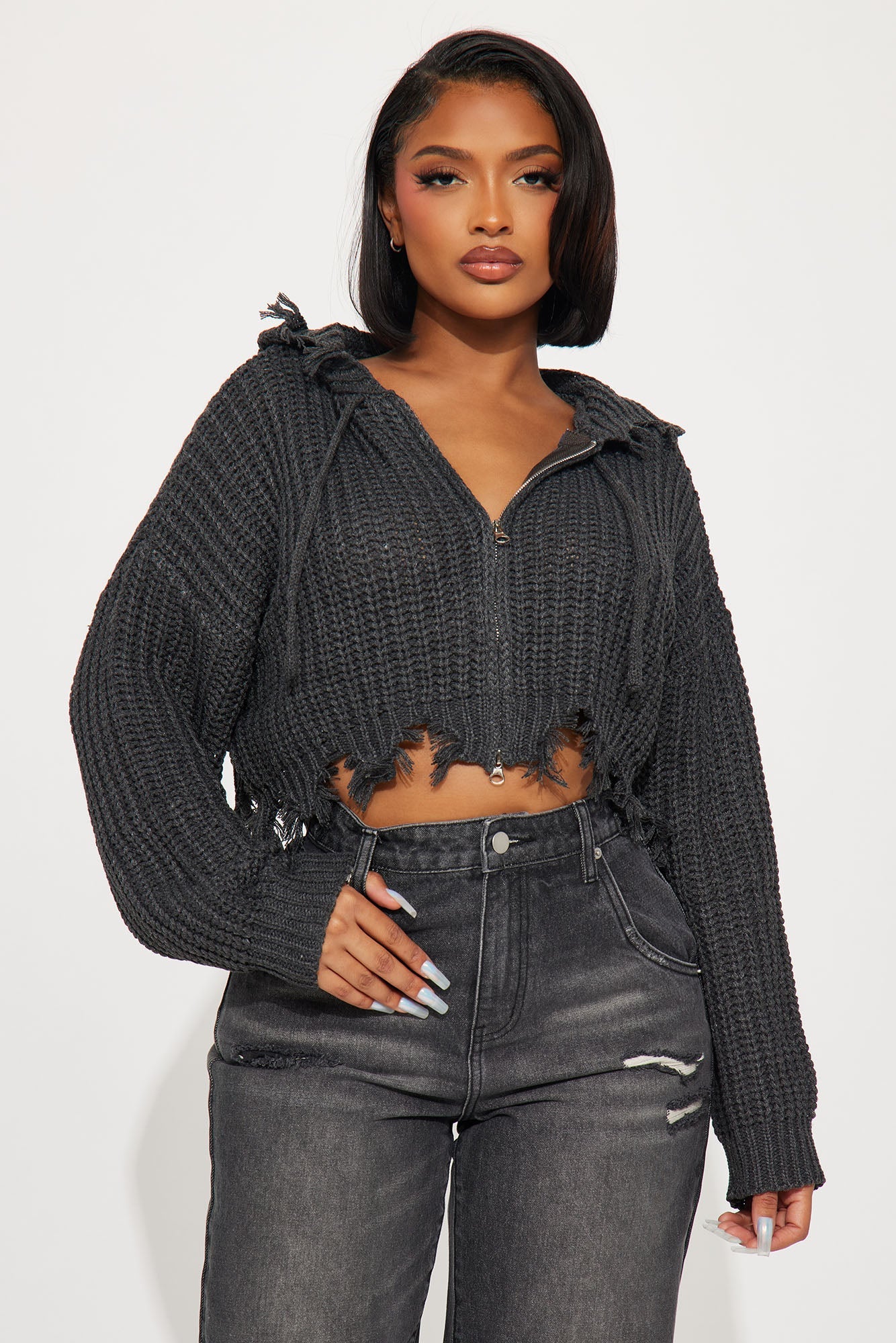 Emery Distressed Cropped Cardigan Sweater - Charcoal