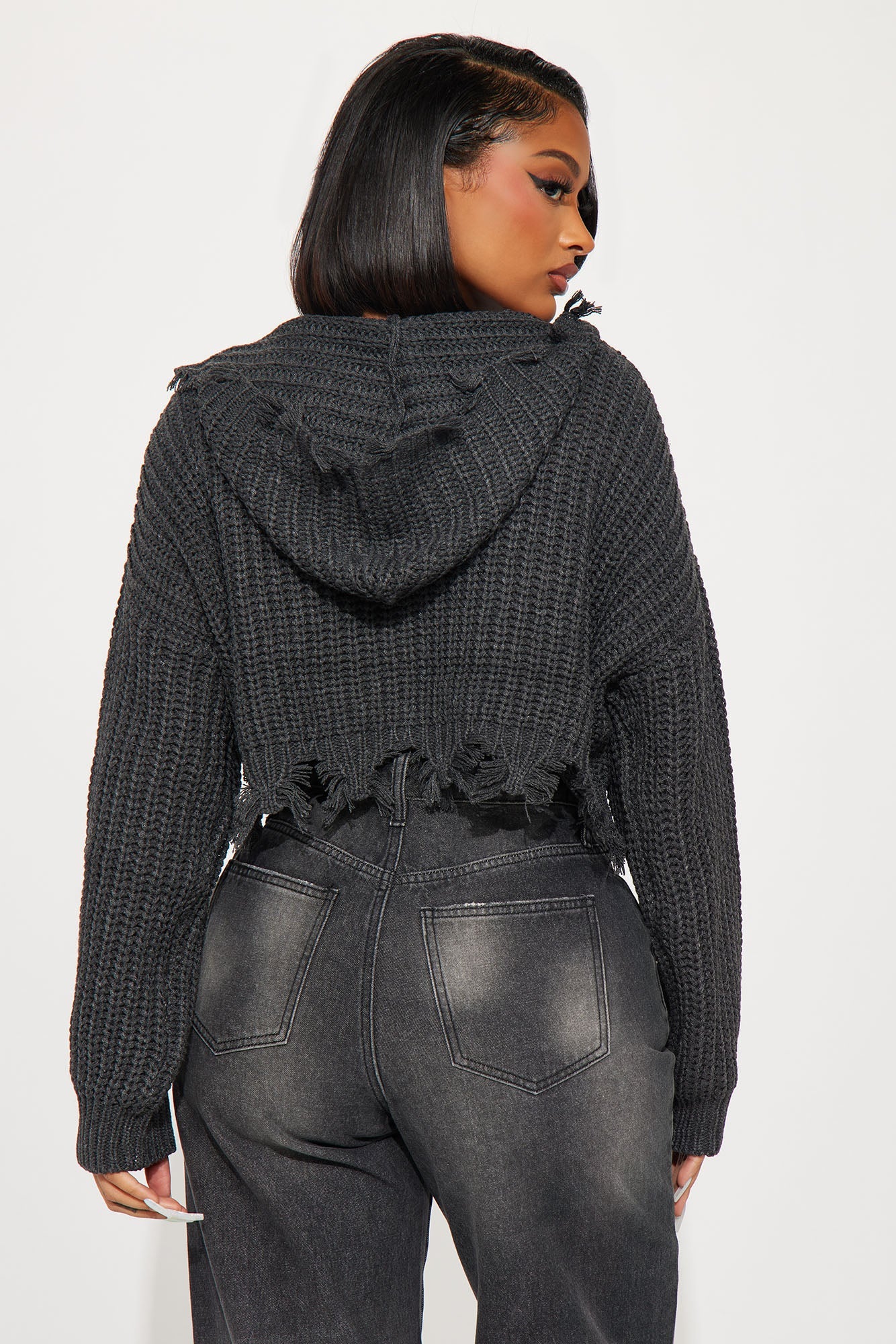 Emery Distressed Cropped Cardigan Sweater - Charcoal