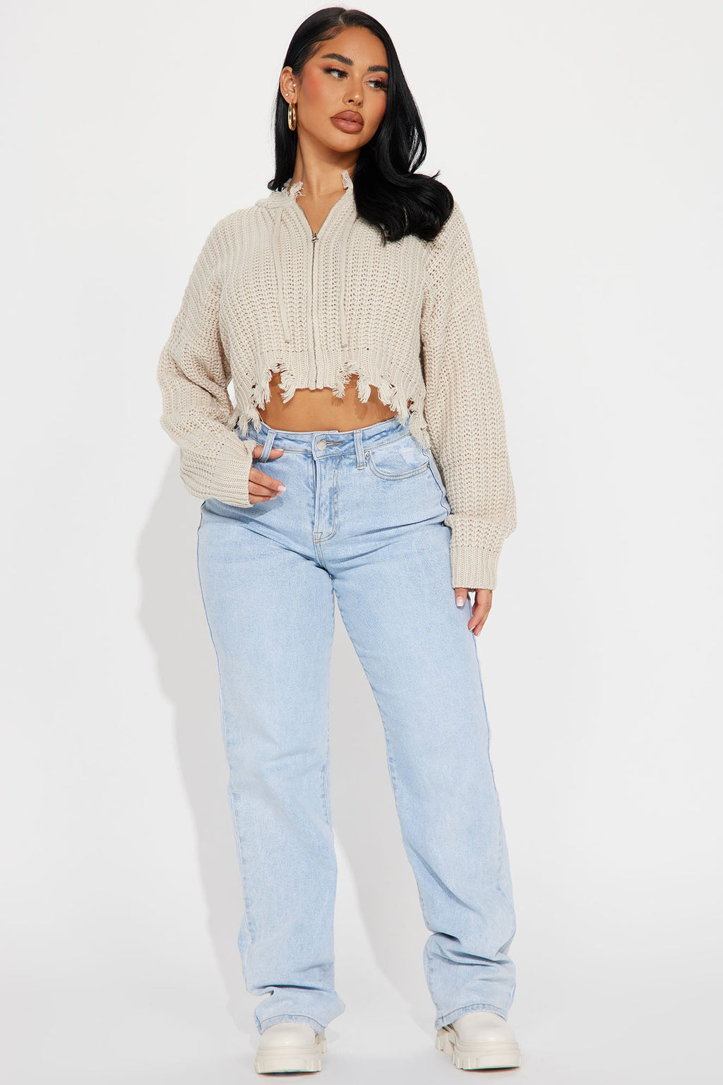 Emery Distressed Cropped Cardigan Sweater - Oatmeal