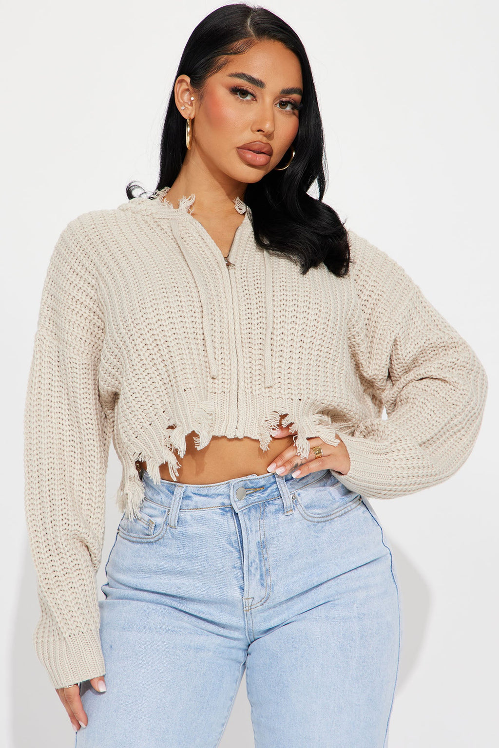 Emery Distressed Cropped Cardigan Sweater - Oatmeal