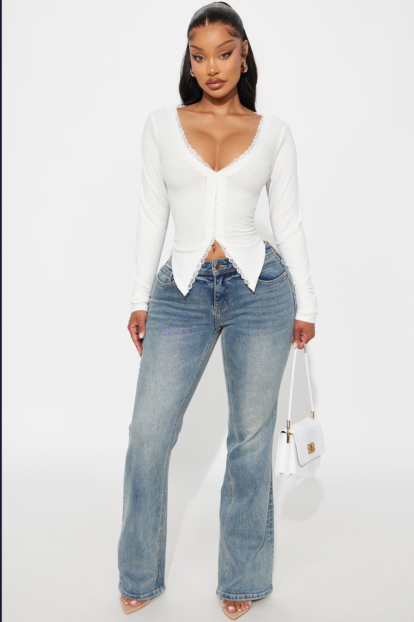 Alta Ribbed Long Sleeve Lace Trim Top - Ivory