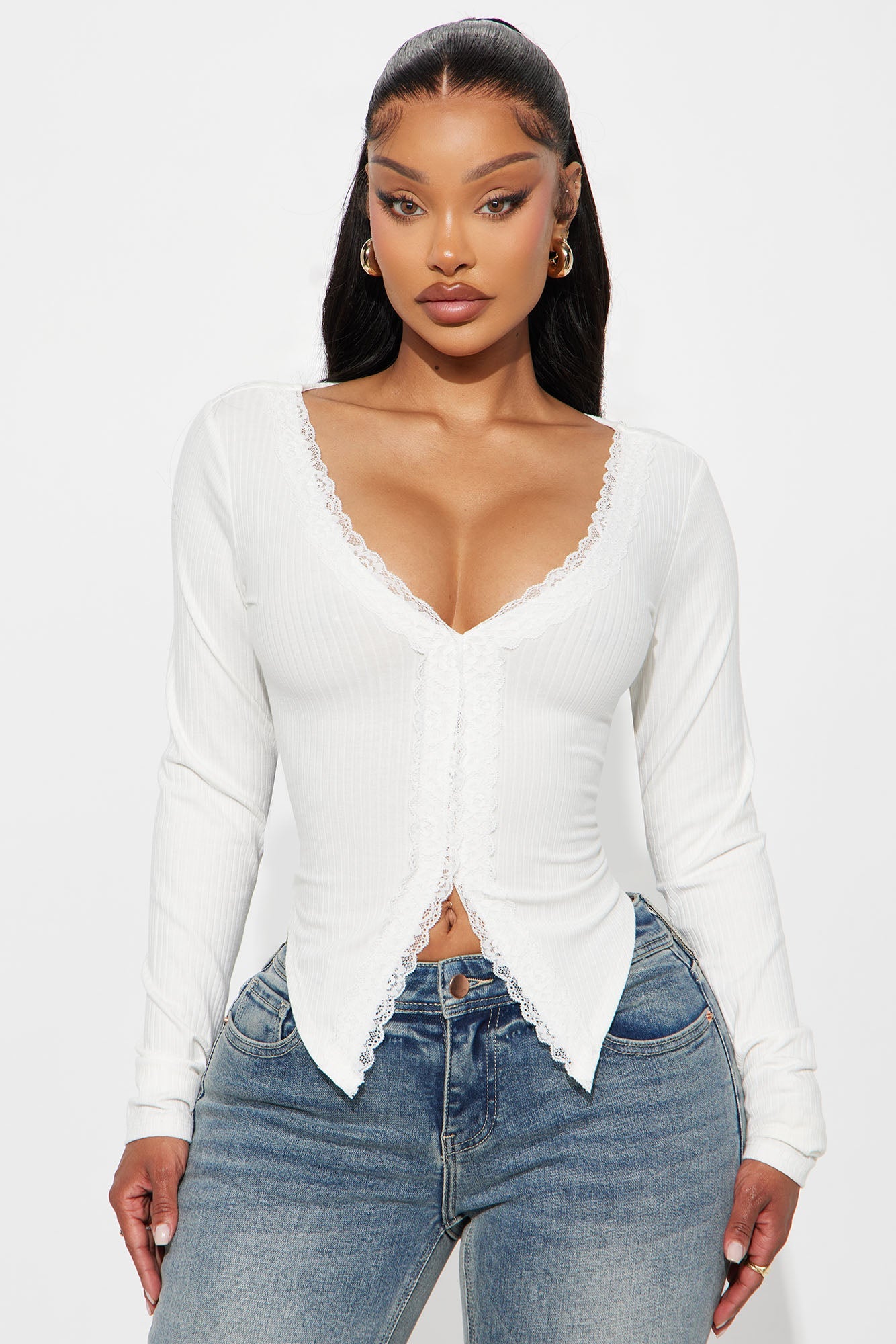 Alta Ribbed Long Sleeve Lace Trim Top - Ivory