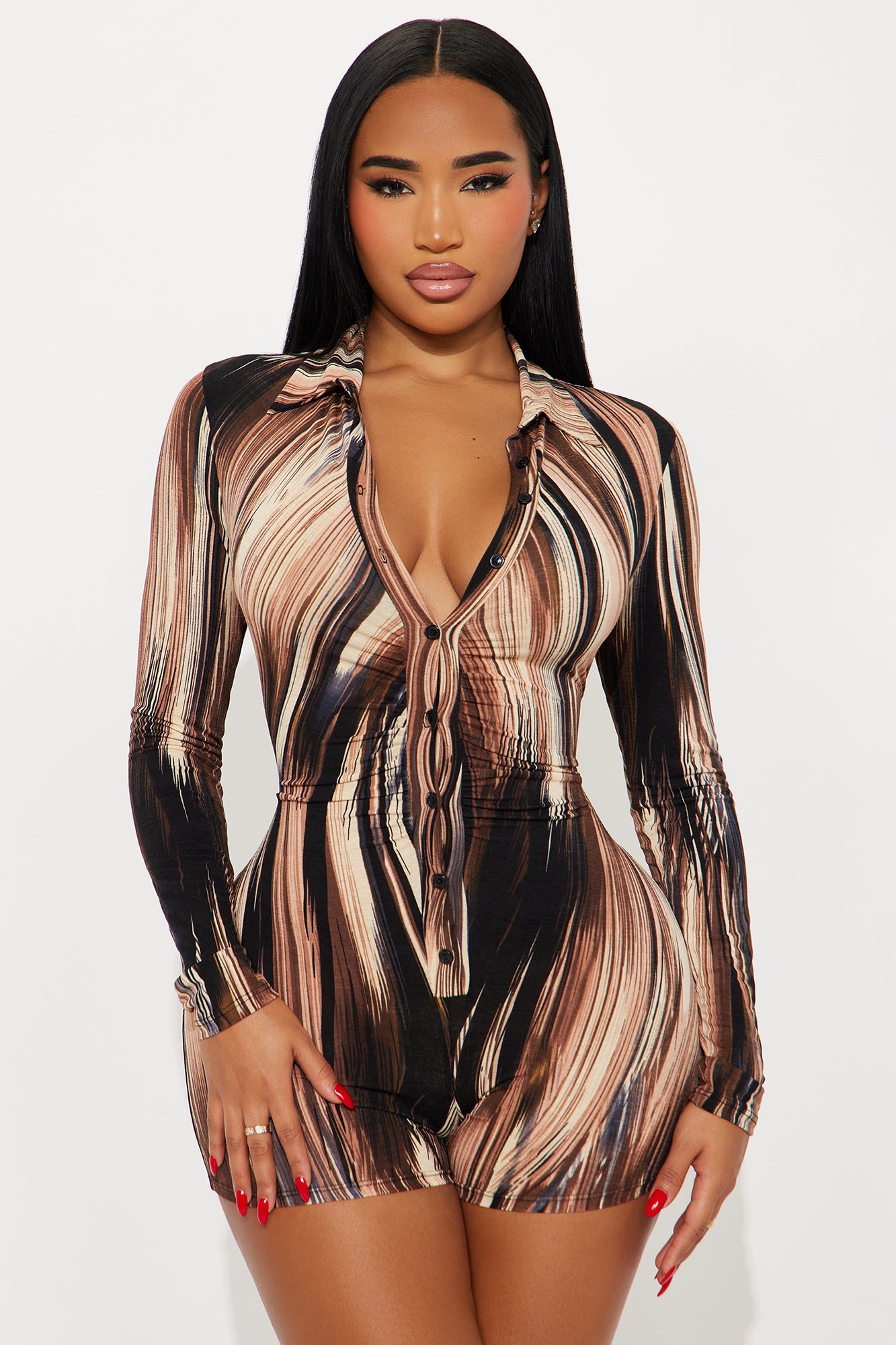 Kaia Long Sleeve Button Up Romper - Black/combo