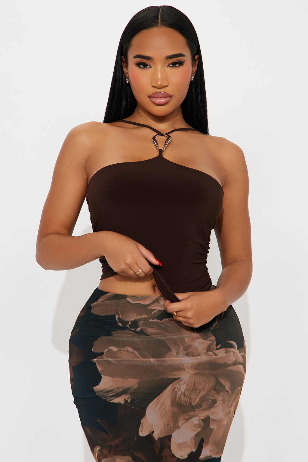 Yara Y Neck Top - Brown