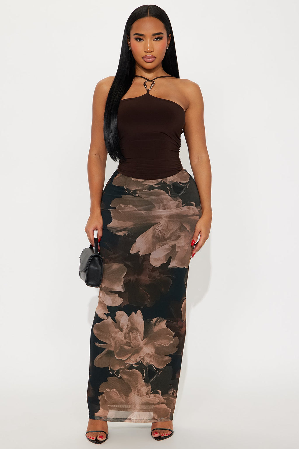 Midnight Bloom Mesh Maxi Skirt - Brown/combo