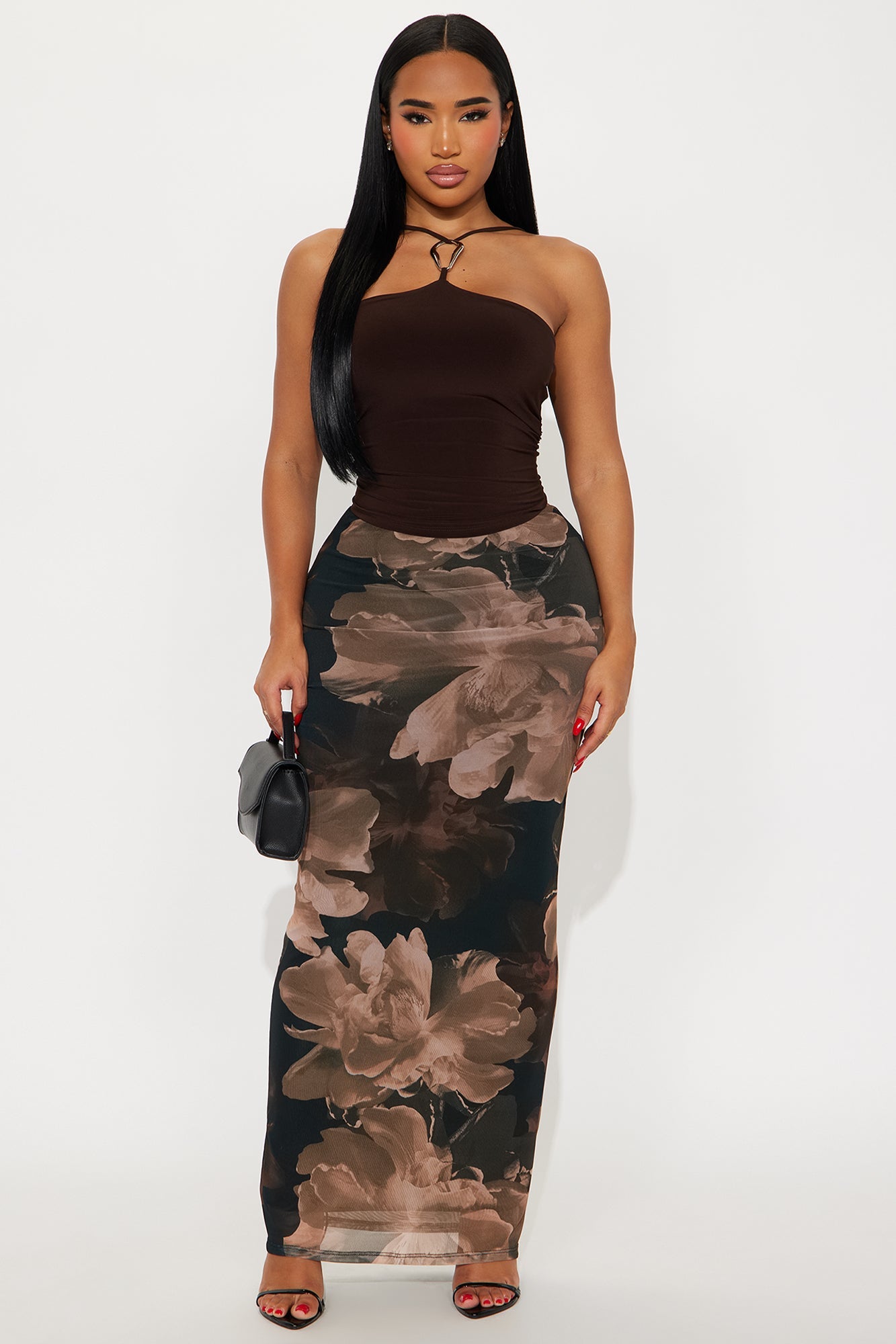 Midnight Bloom Mesh Maxi Skirt - Brown/combo