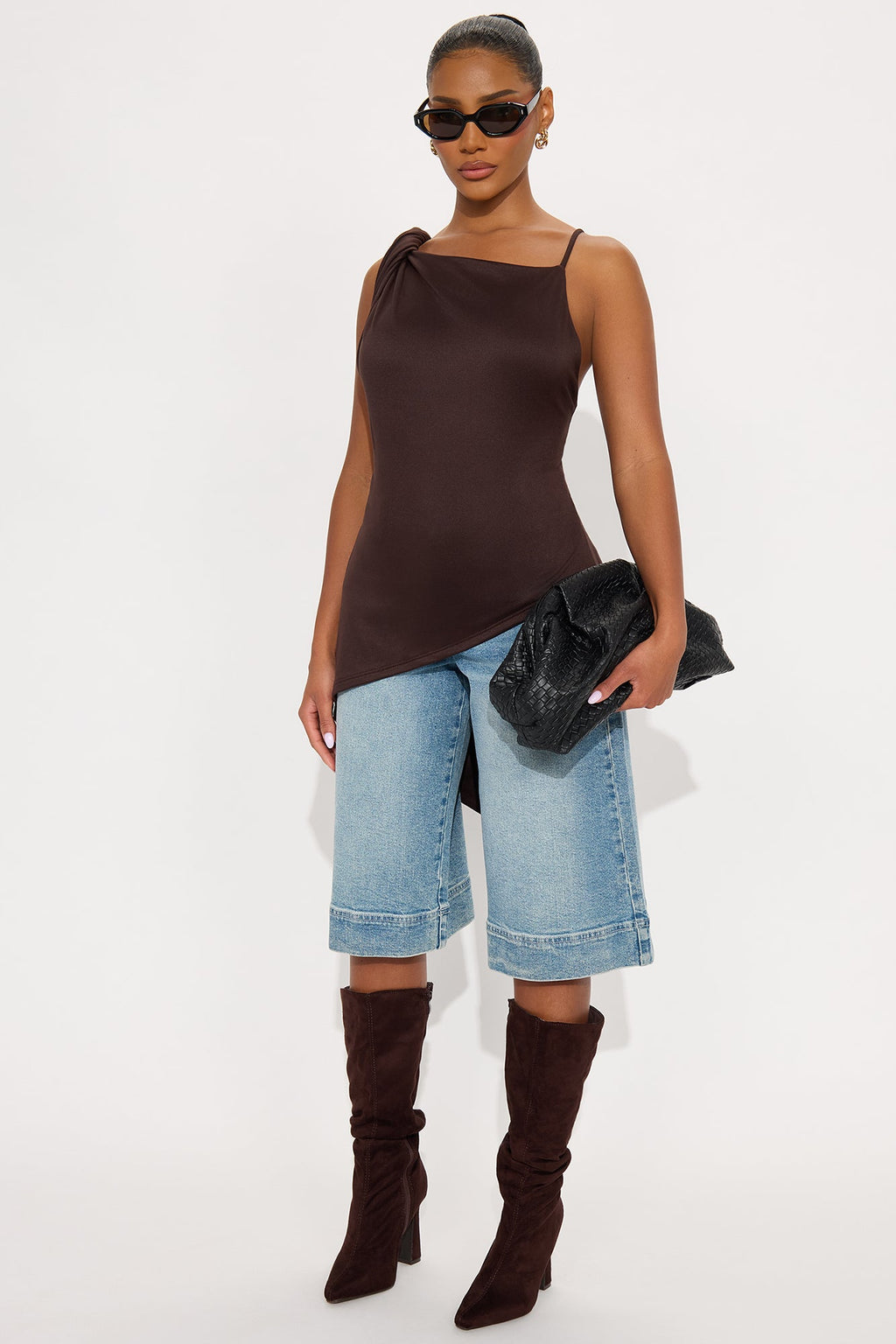 Dominica Asymmetrical Draped High Neck Top - Dark Brown