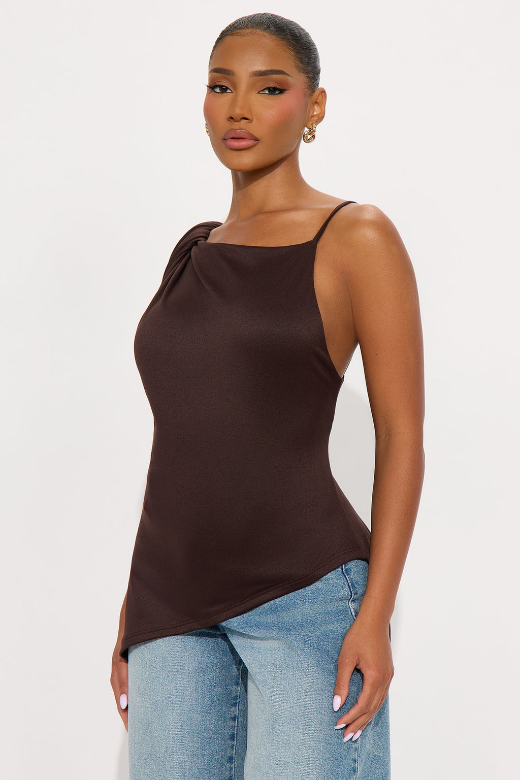 Dominica Asymmetrical Draped High Neck Top - Dark Brown
