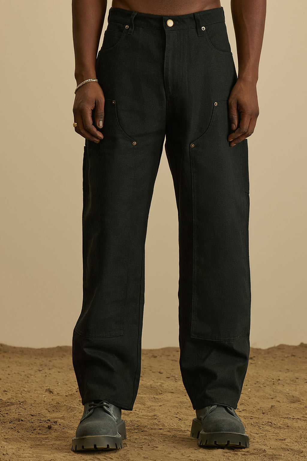 Alexander Double Knee Straight Utility Canvas Pants - Black
