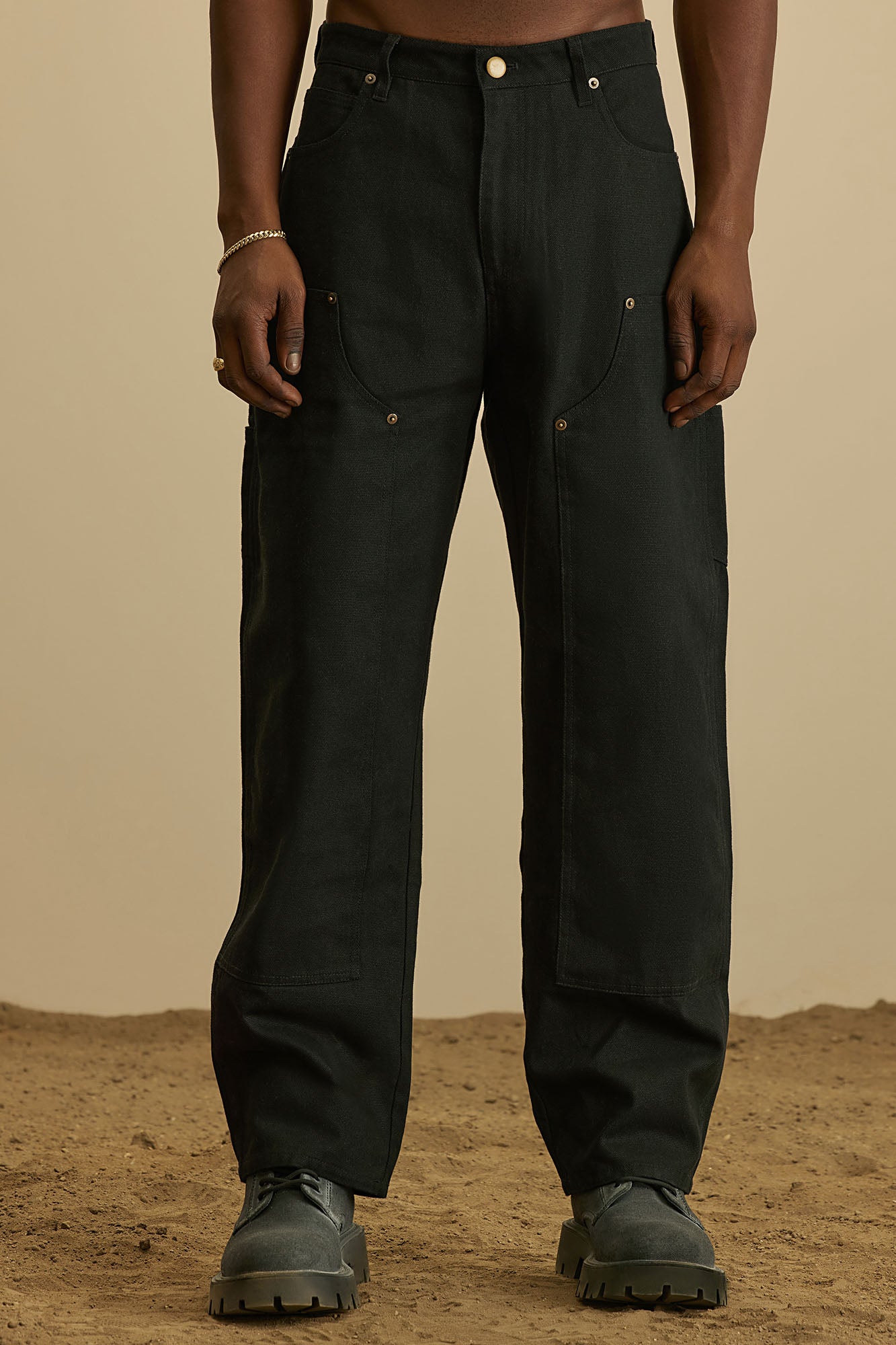 Alexander Double Knee Straight Utility Canvas Pants - Black