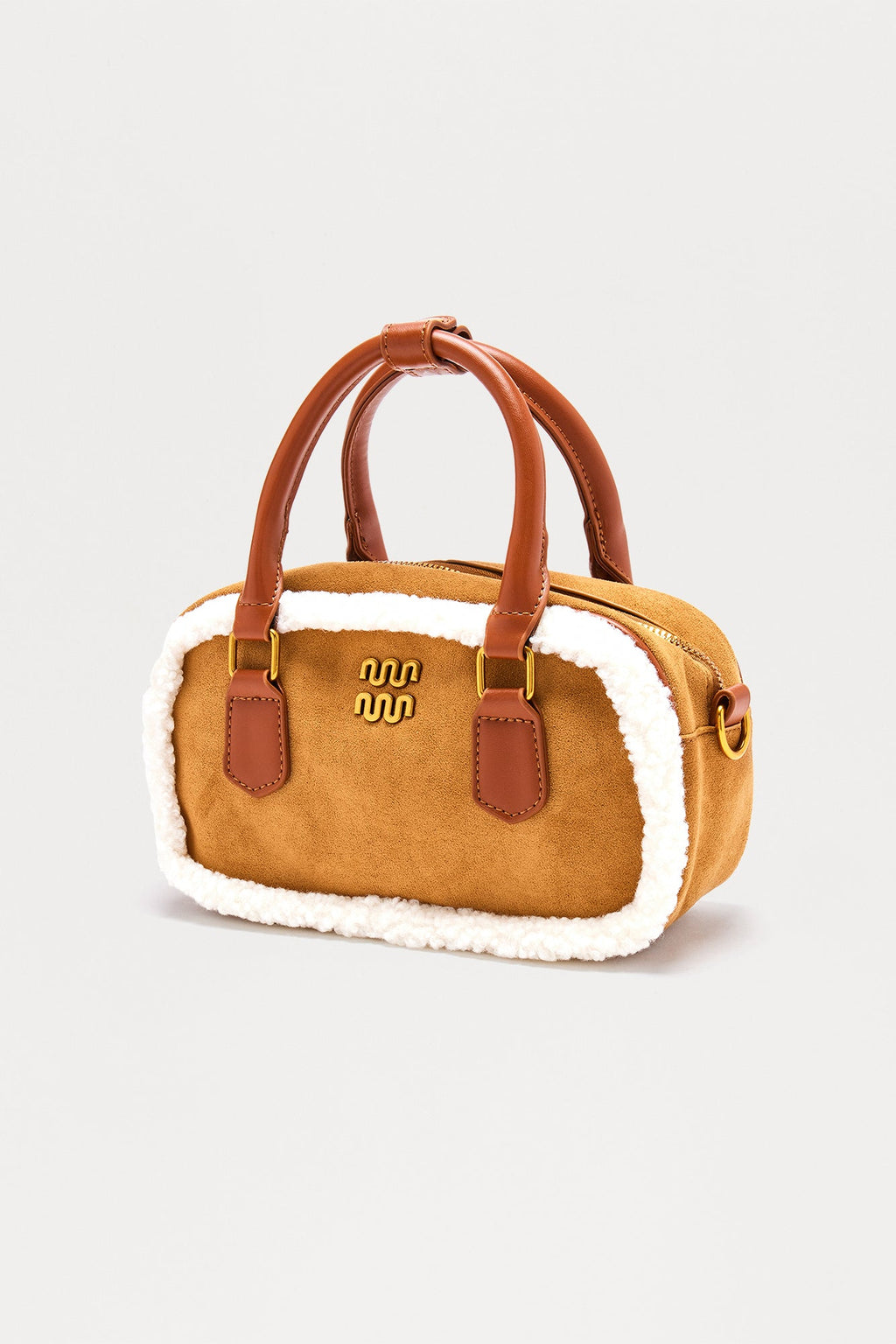 Cool With Me Fur Trim Faux Suede Satchel Handbag - Cognac 