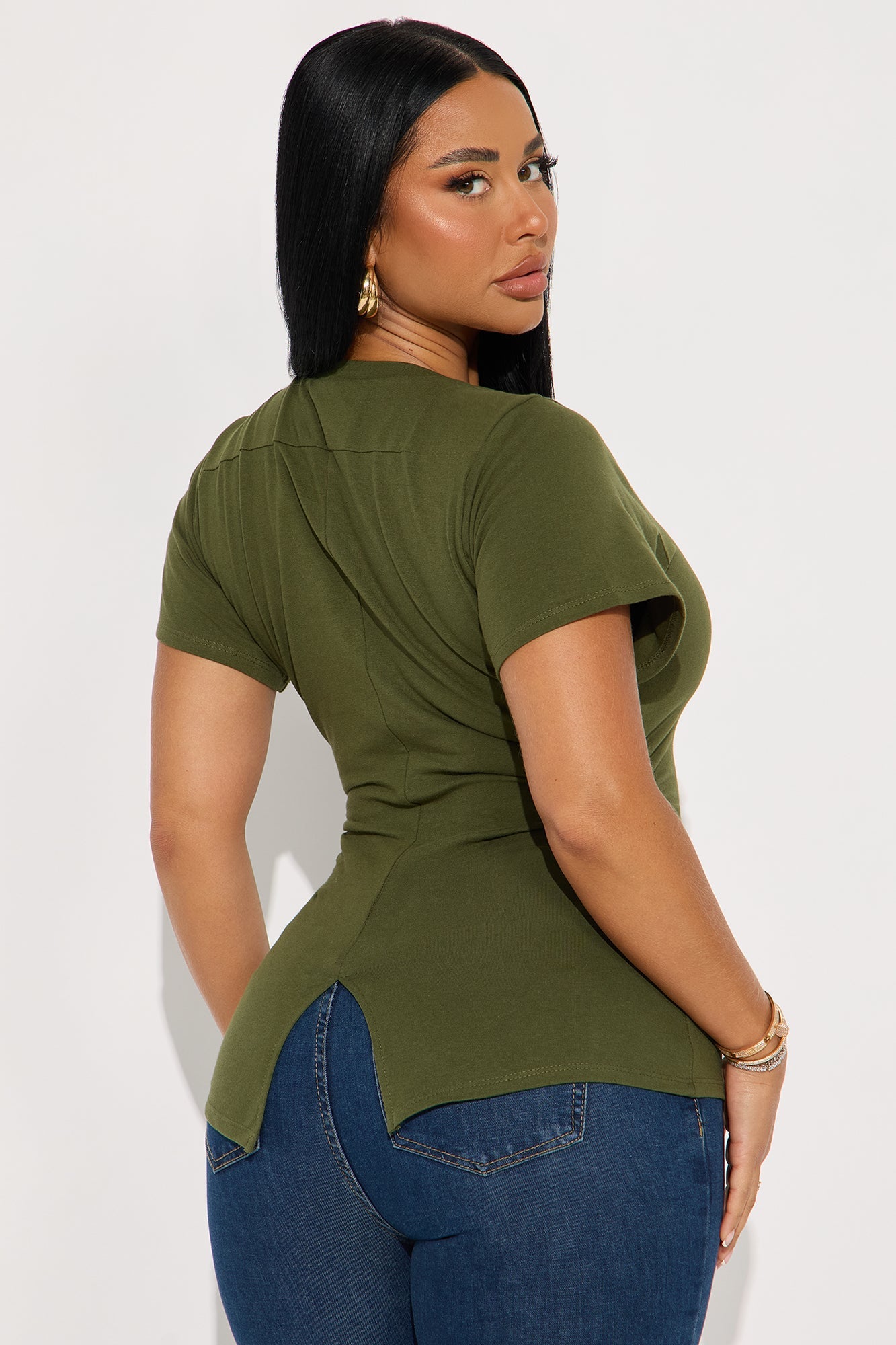 Simply Me Ruched Short Sleeve T-Shirt - Olive