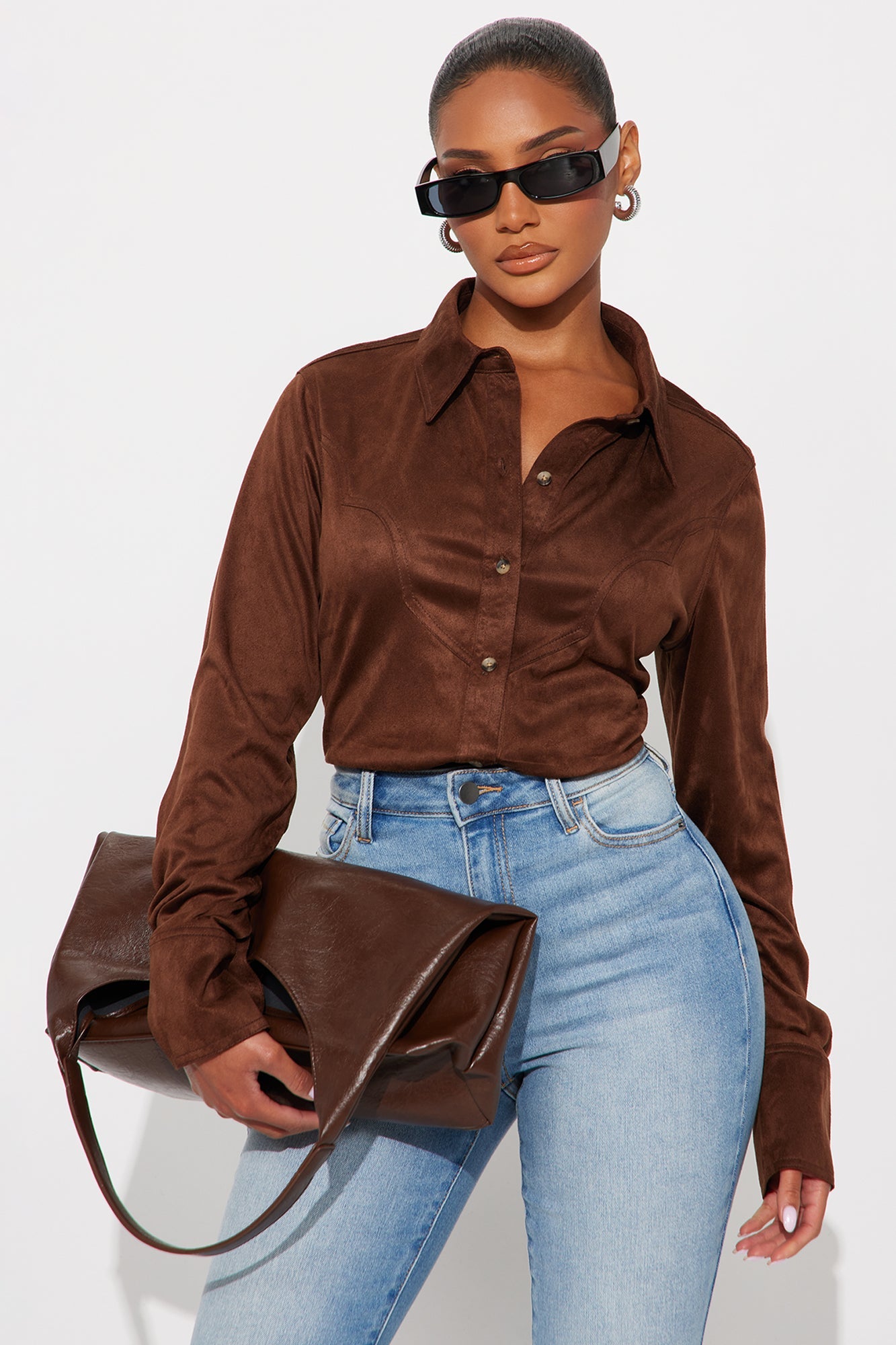 Giddy Up Faux Suede Shirt - Brown