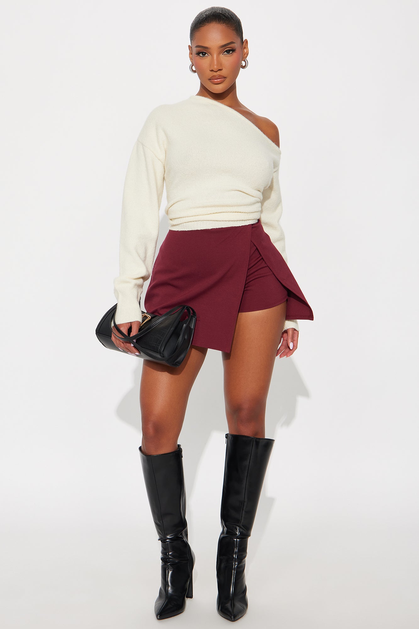 Hayden Front Slit Ponte Mini Skort - Burgundy