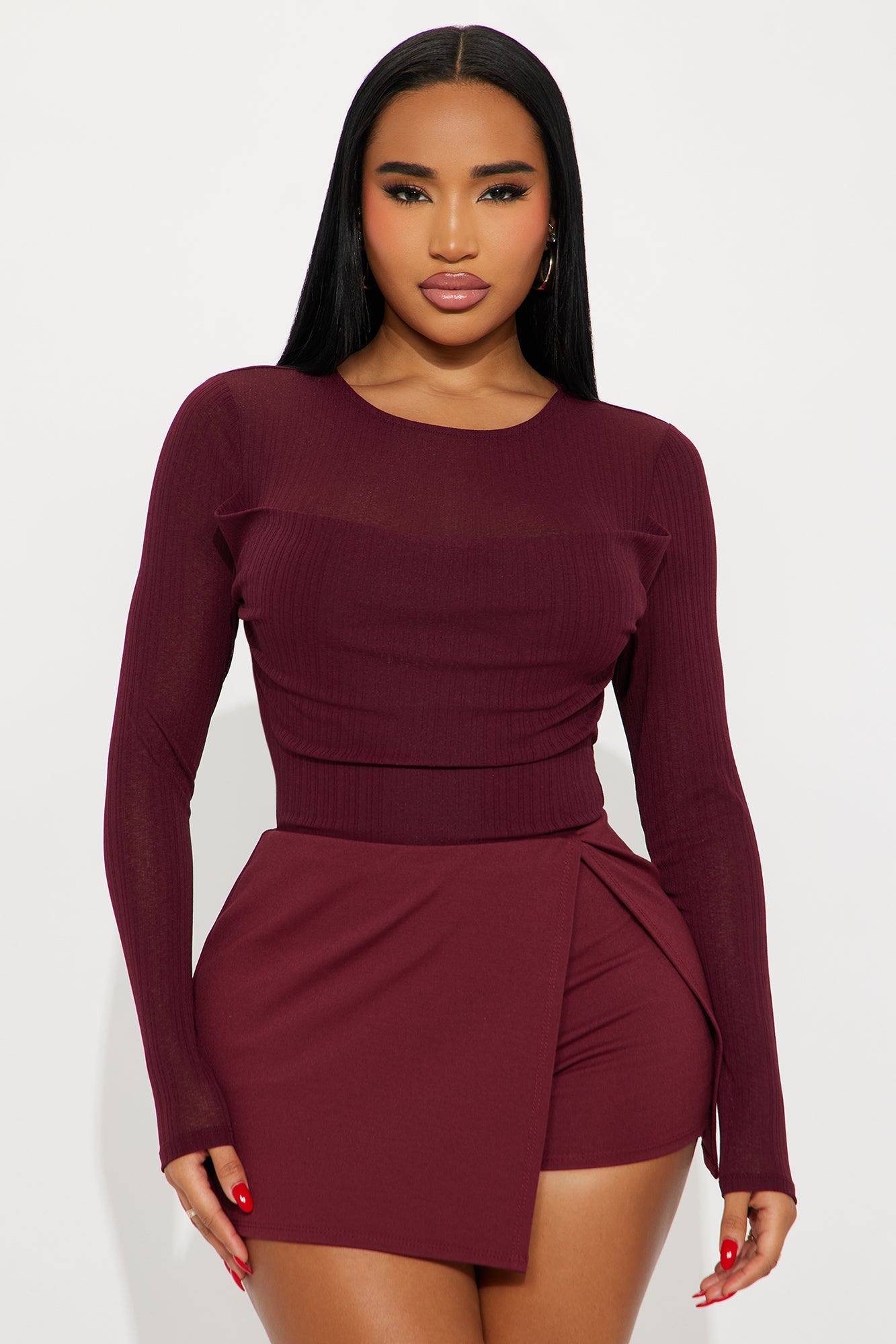 Feminine Flair Long Sleeve Ribbed Bodysuit - Burgundy