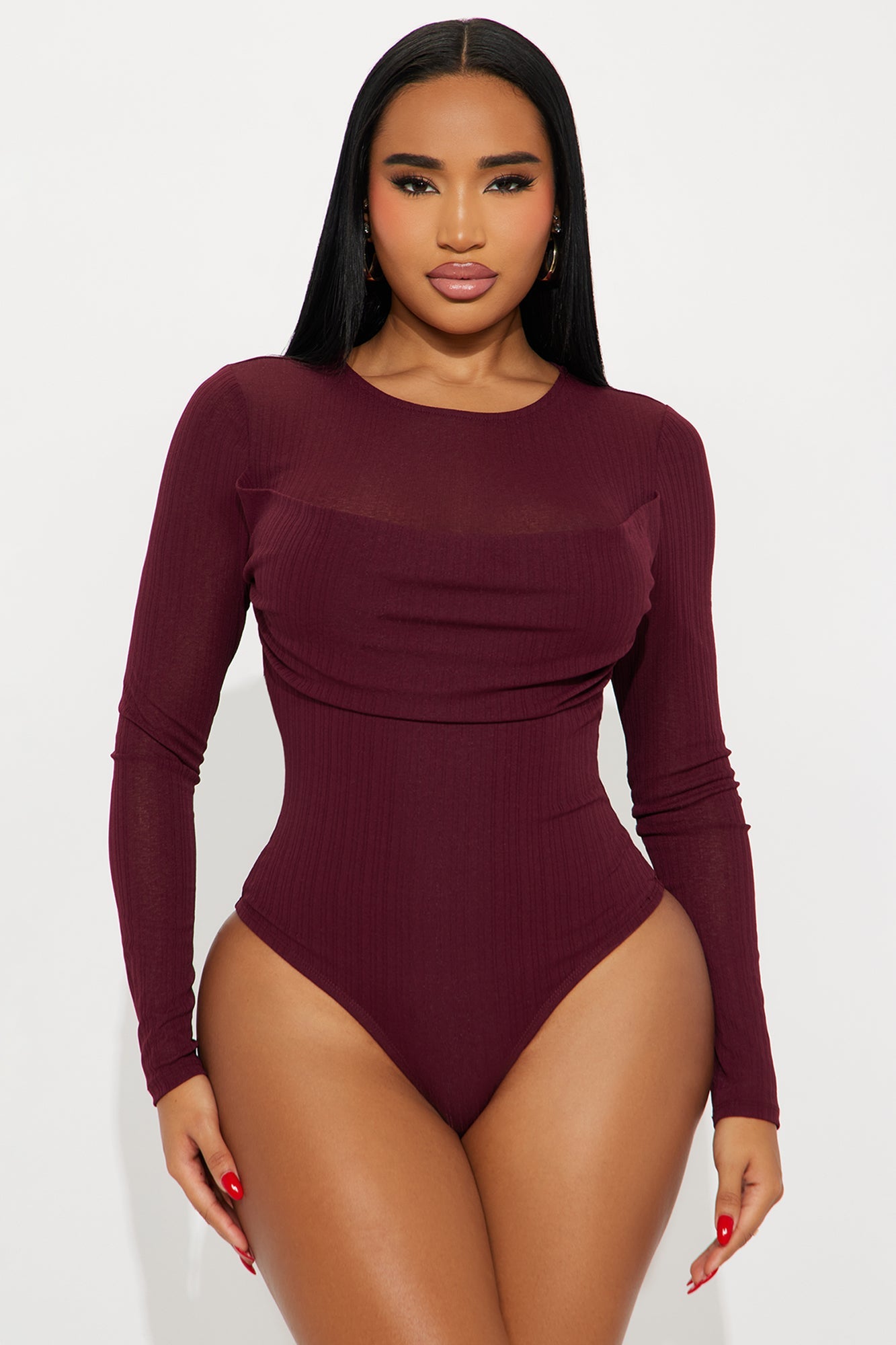 Feminine Flair Long Sleeve Ribbed Bodysuit - Burgundy
