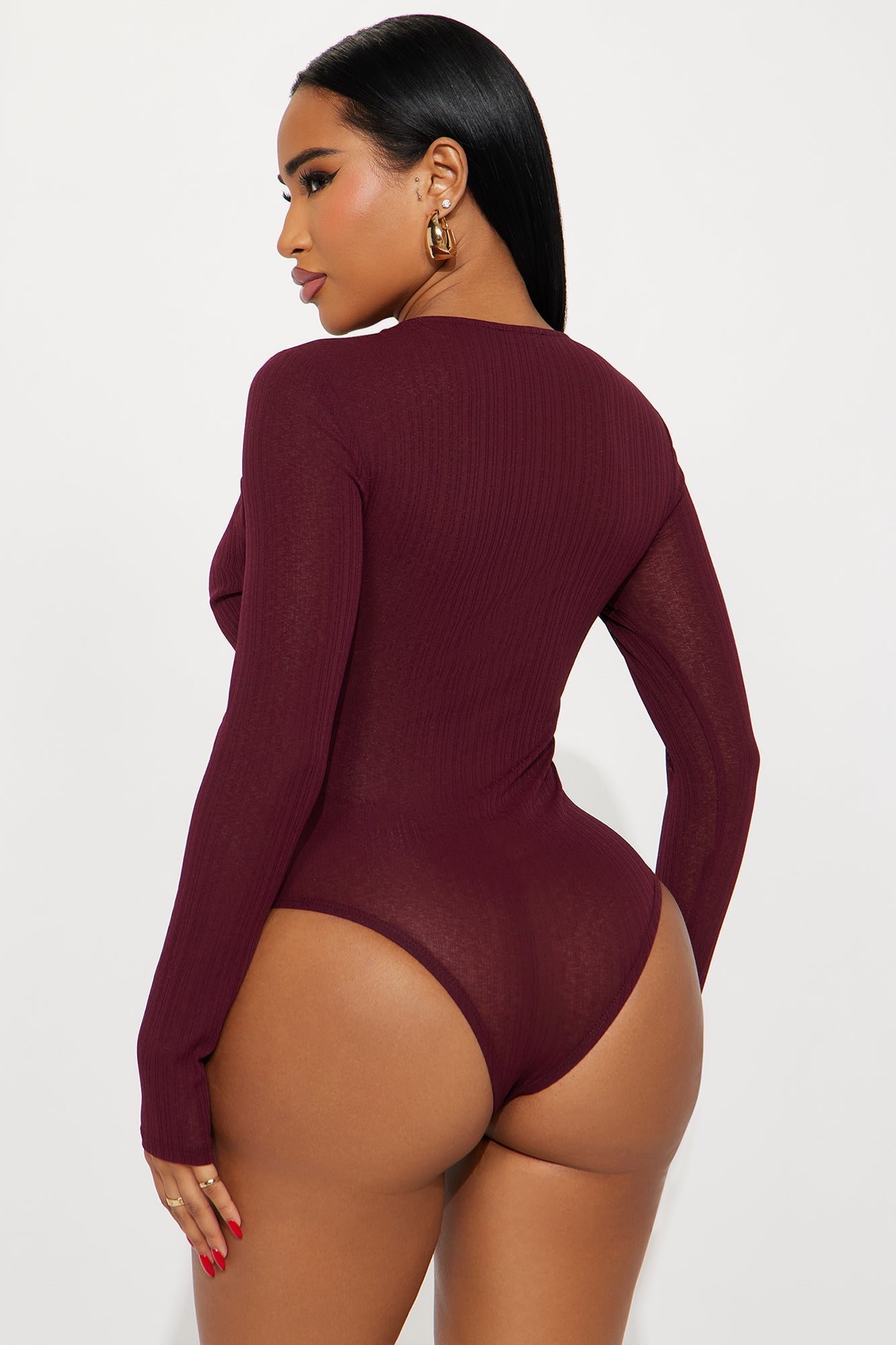 Feminine Flair Long Sleeve Ribbed Bodysuit - Burgundy