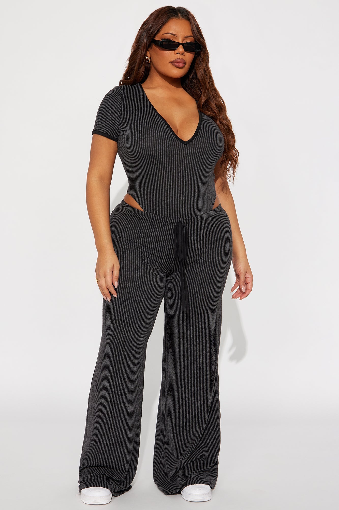 Paulette Short Sleeve Ribbed Bodysuit Pant Set - Black