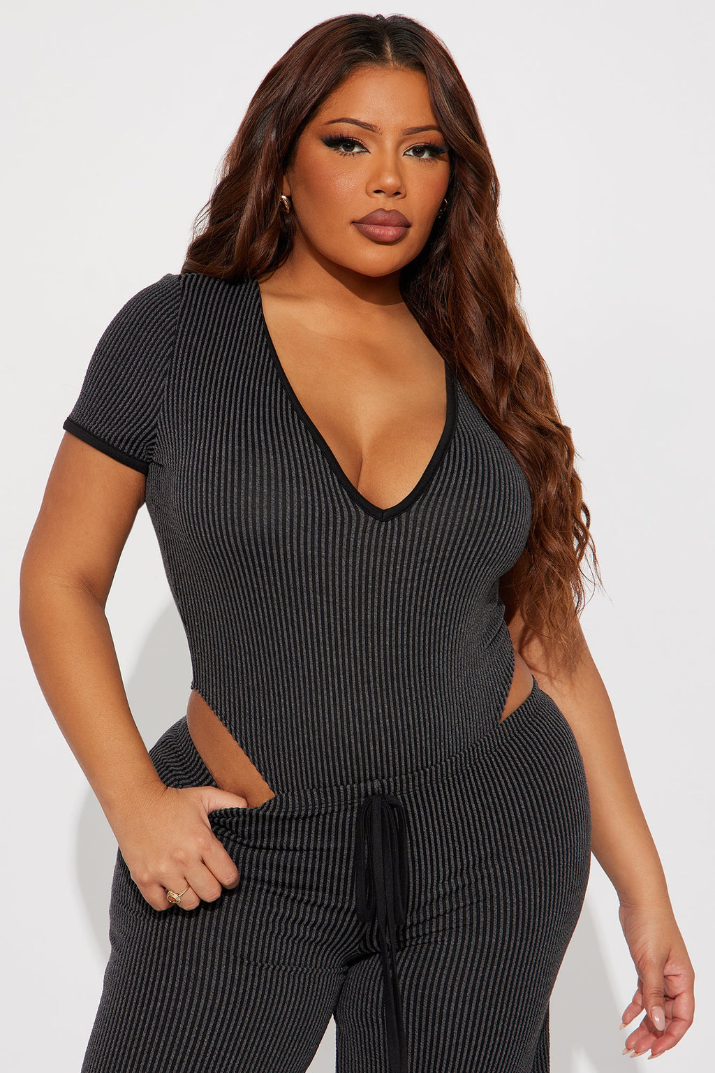 Paulette Short Sleeve Ribbed Bodysuit Pant Set - Black