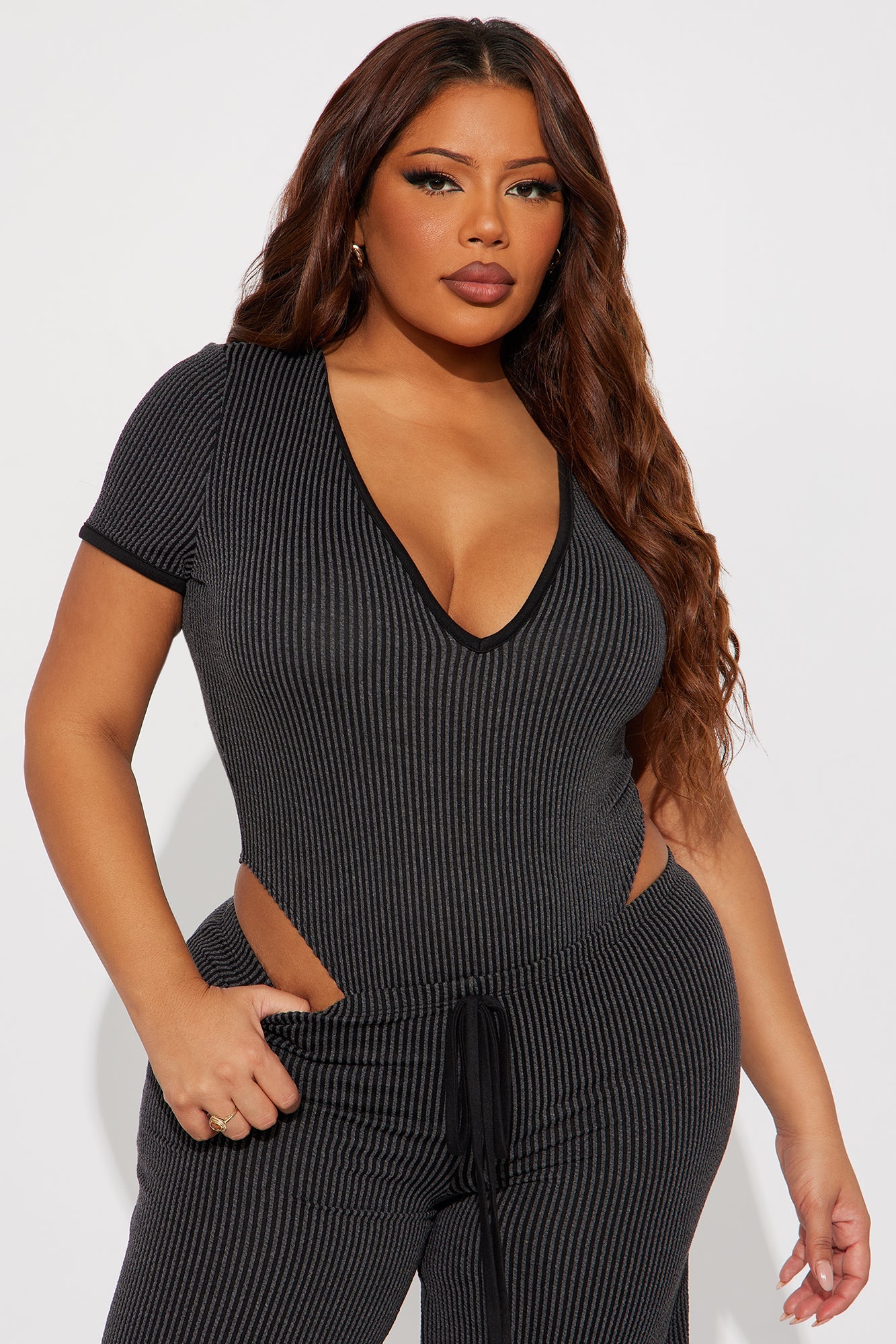 Paulette Short Sleeve Ribbed Bodysuit Pant Set - Black