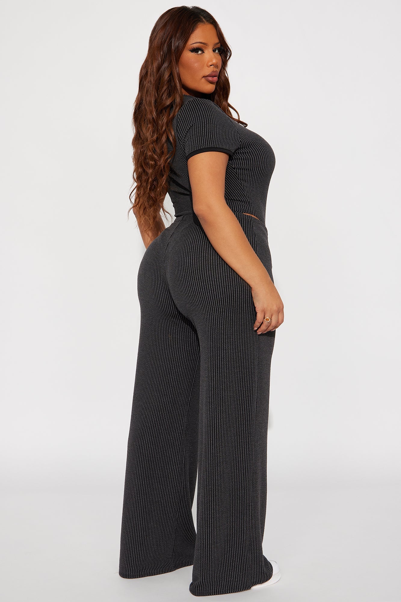 Paulette Short Sleeve Ribbed Bodysuit Pant Set - Black