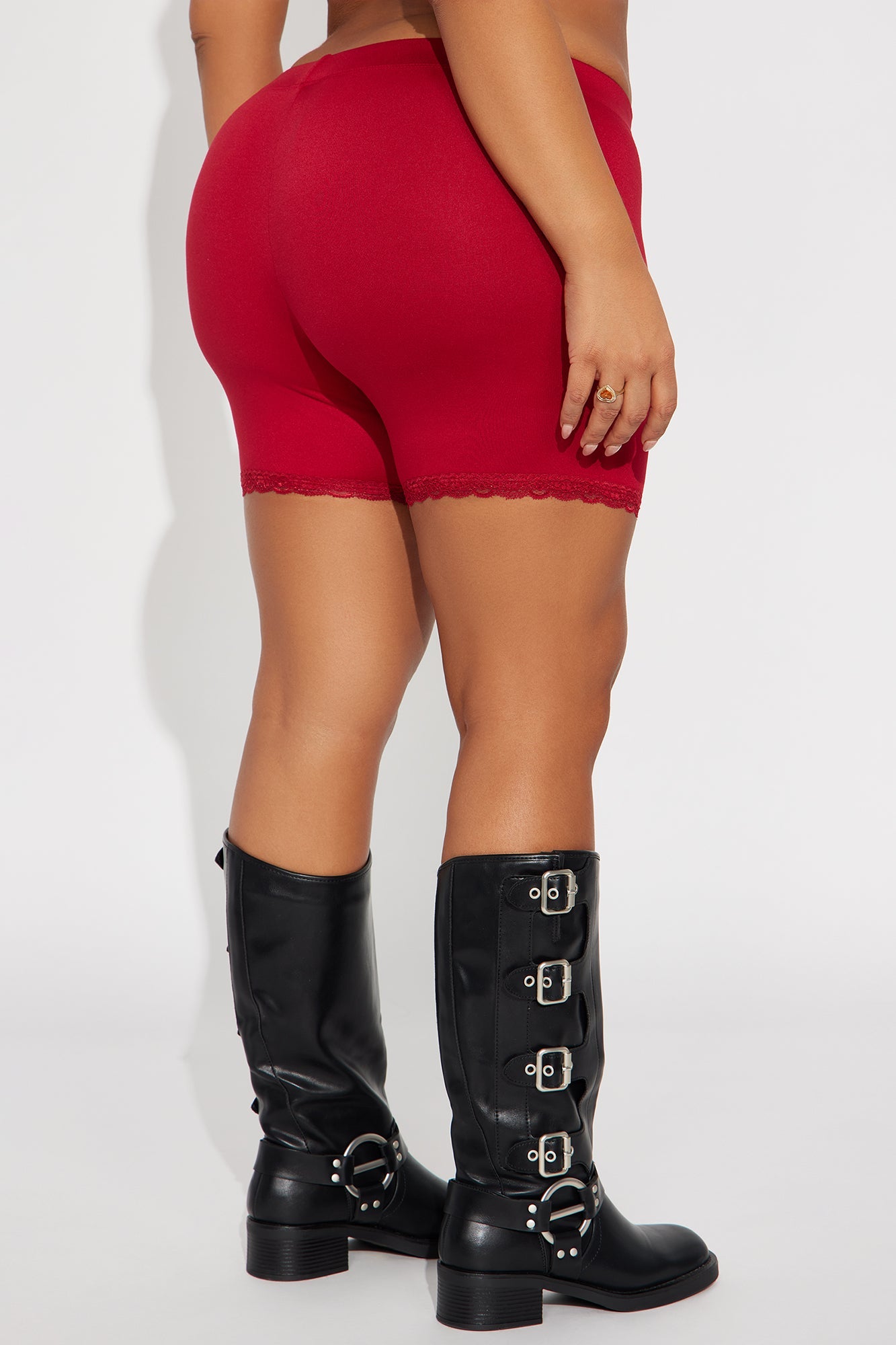 Camille Lace Trim Biker Short  - Red