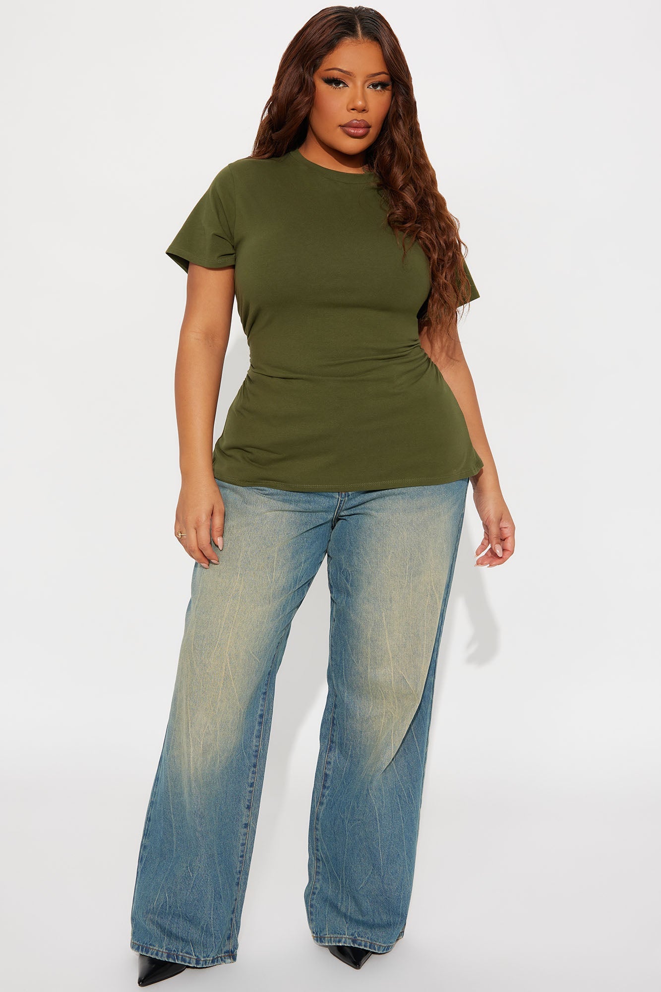 Simply Me Ruched Short Sleeve T-Shirt - Olive