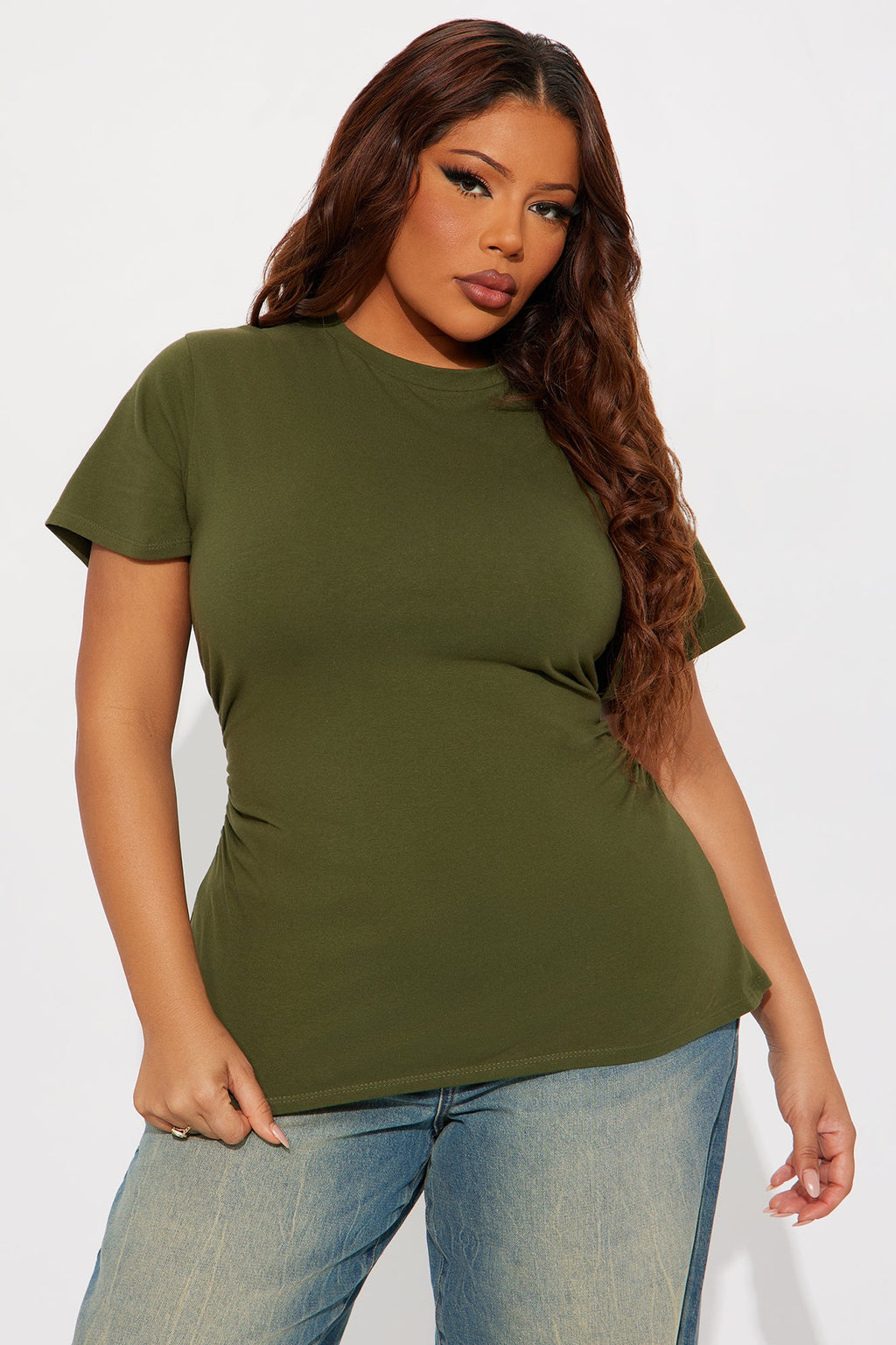Simply Me Ruched Short Sleeve T-Shirt - Olive