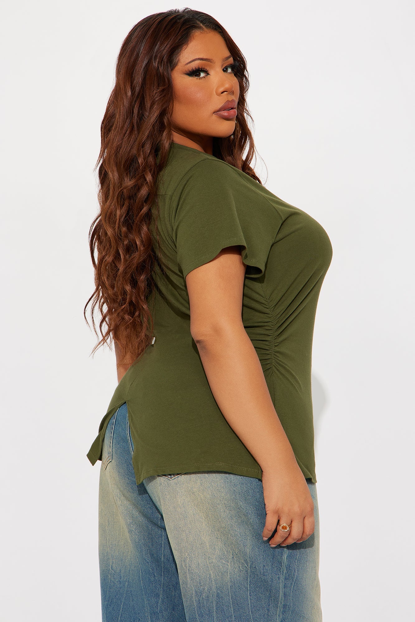 Simply Me Ruched Short Sleeve T-Shirt - Olive