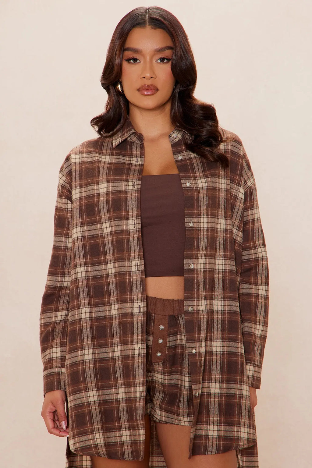 Wrapped In You Plaid Button Up Short Set - Brown 