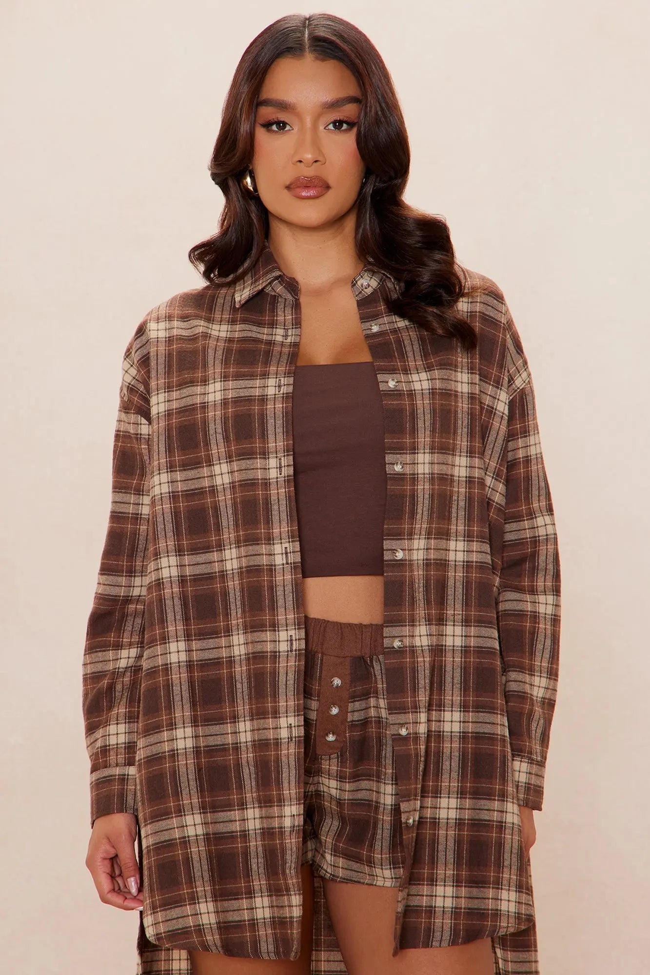 Wrapped In You Plaid Button Up Short Set - Brown 