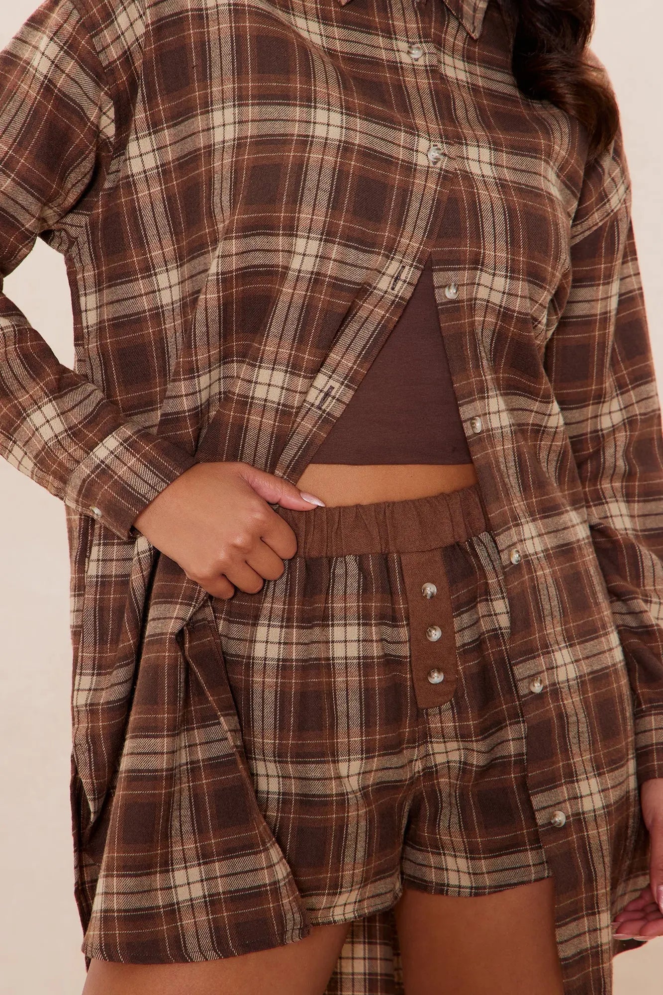 Wrapped In You Plaid Button Up Short Set - Brown 